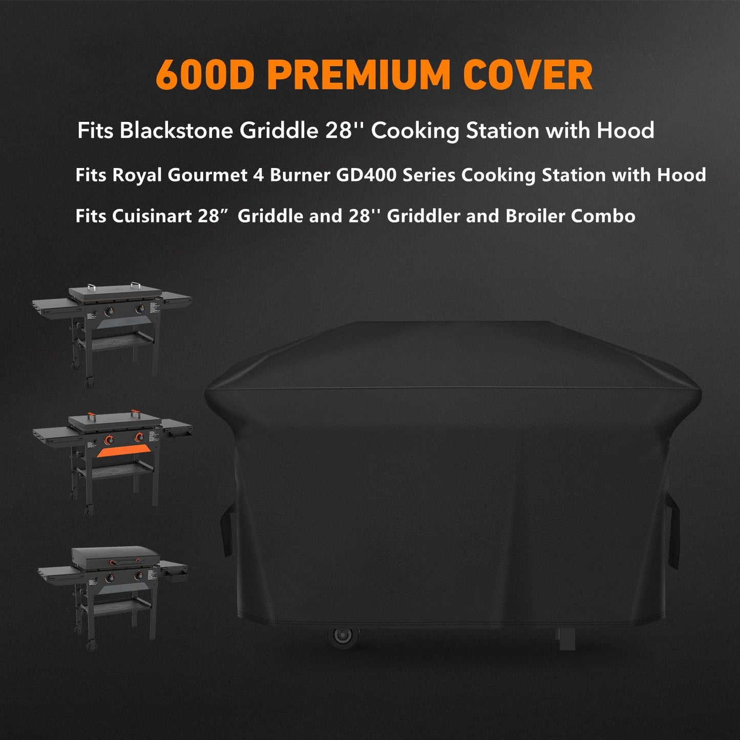 Heavy Duty Griddle Cover Fits 5483 Blackstone 28 inches Griddle Cooking Station with Hood, Water Resistant, Weather Resistant, 600D Polyester Flat Top Gas Grill Cover with Straps, 28" Black
