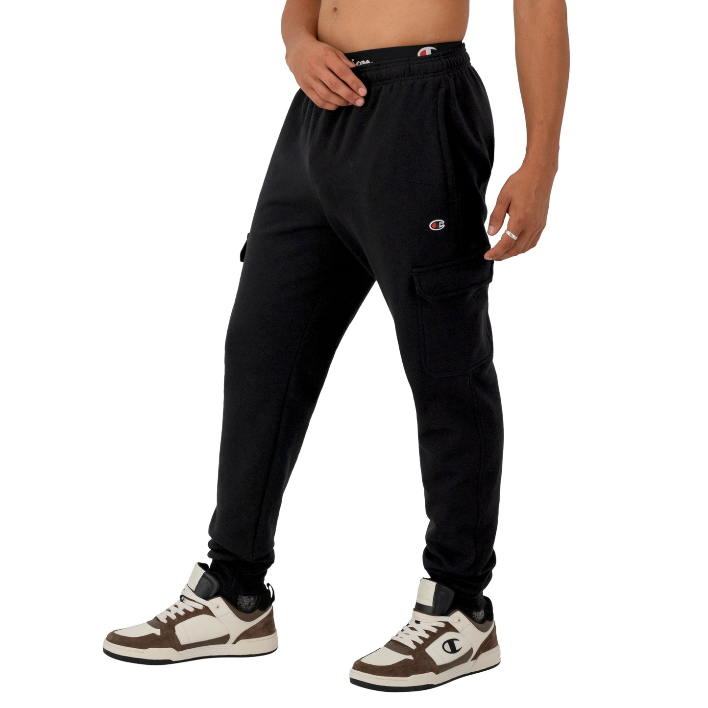 Champion Cargo, Powerblend, Fleece Midweight Men's Joggers (Reg. Or Big & Tall), Black C Patch Logo, Medium