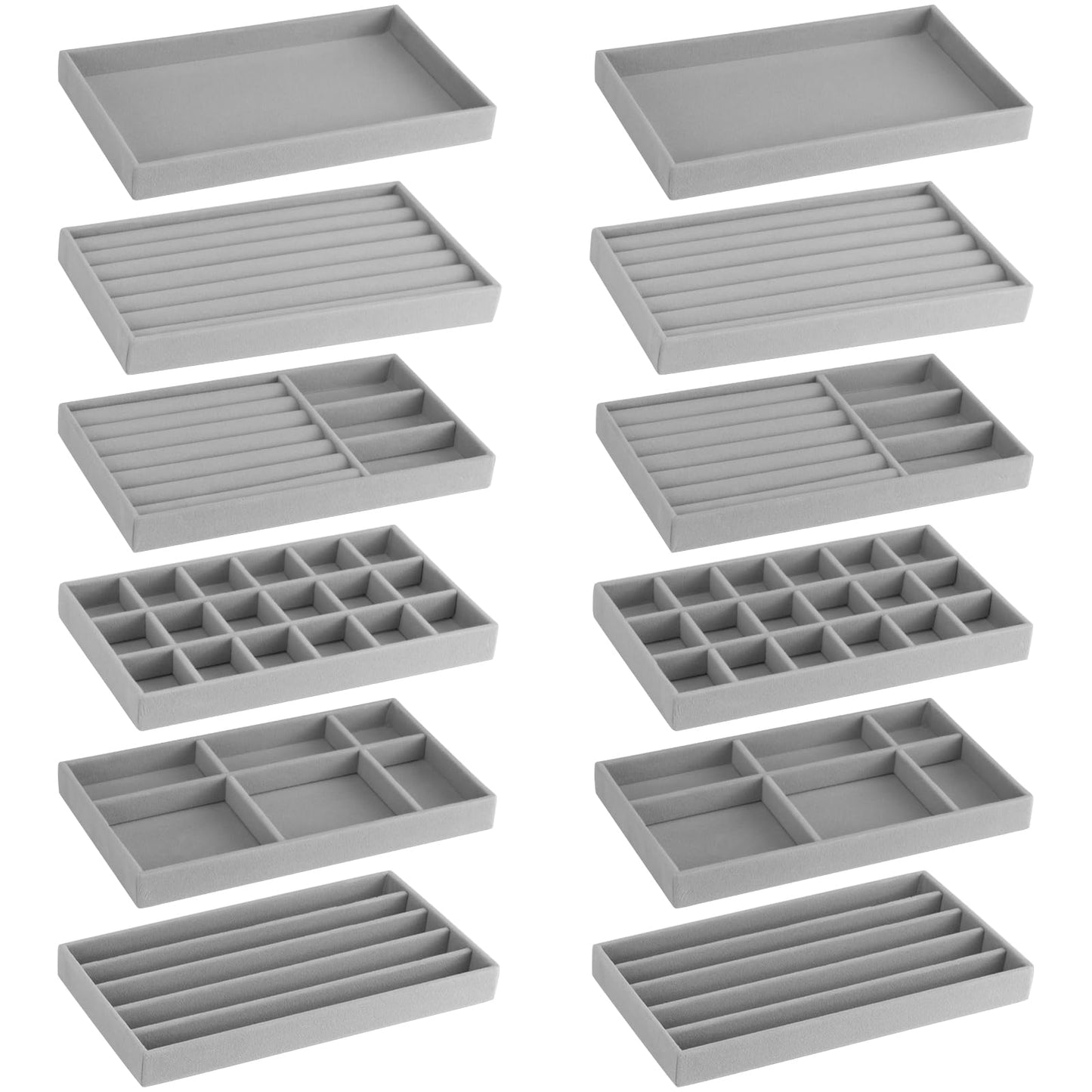 12Pcs Velvet Stackable Jewelry Trays, FHDUSRYO Jewelry Drawer Organizer, Large Removable Display Jewelry Tray, Necklace Bracelet Storage Box for Earring, Ring, Brooch, Watch (Grey)