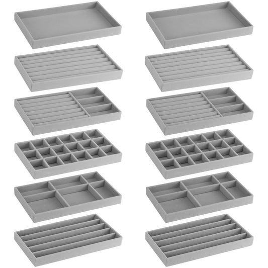 12Pcs Velvet Stackable Jewelry Trays, FHDUSRYO Jewelry Drawer Organizer, Large Removable Display Jewelry Tray, Necklace Bracelet Storage Box for Earring, Ring, Brooch, Watch (Grey)