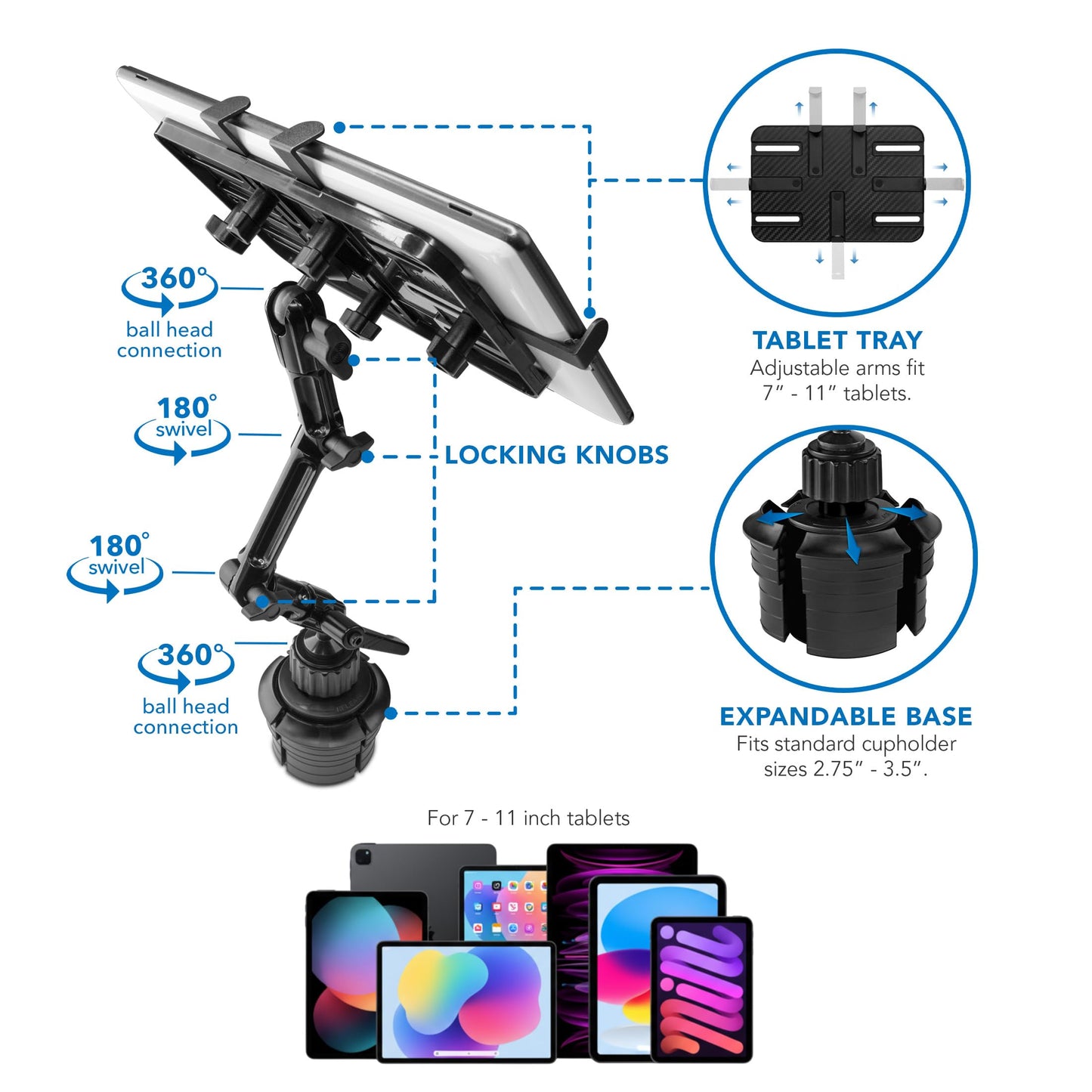 Mount-It! Premium Cup Holder Tablet Mount for Cars - Tablet ELD Mount - Heavy Duty Aluminum Tablet Mount for iPad 7, Galaxy Tab, & Fire Tablets (MI-7320)