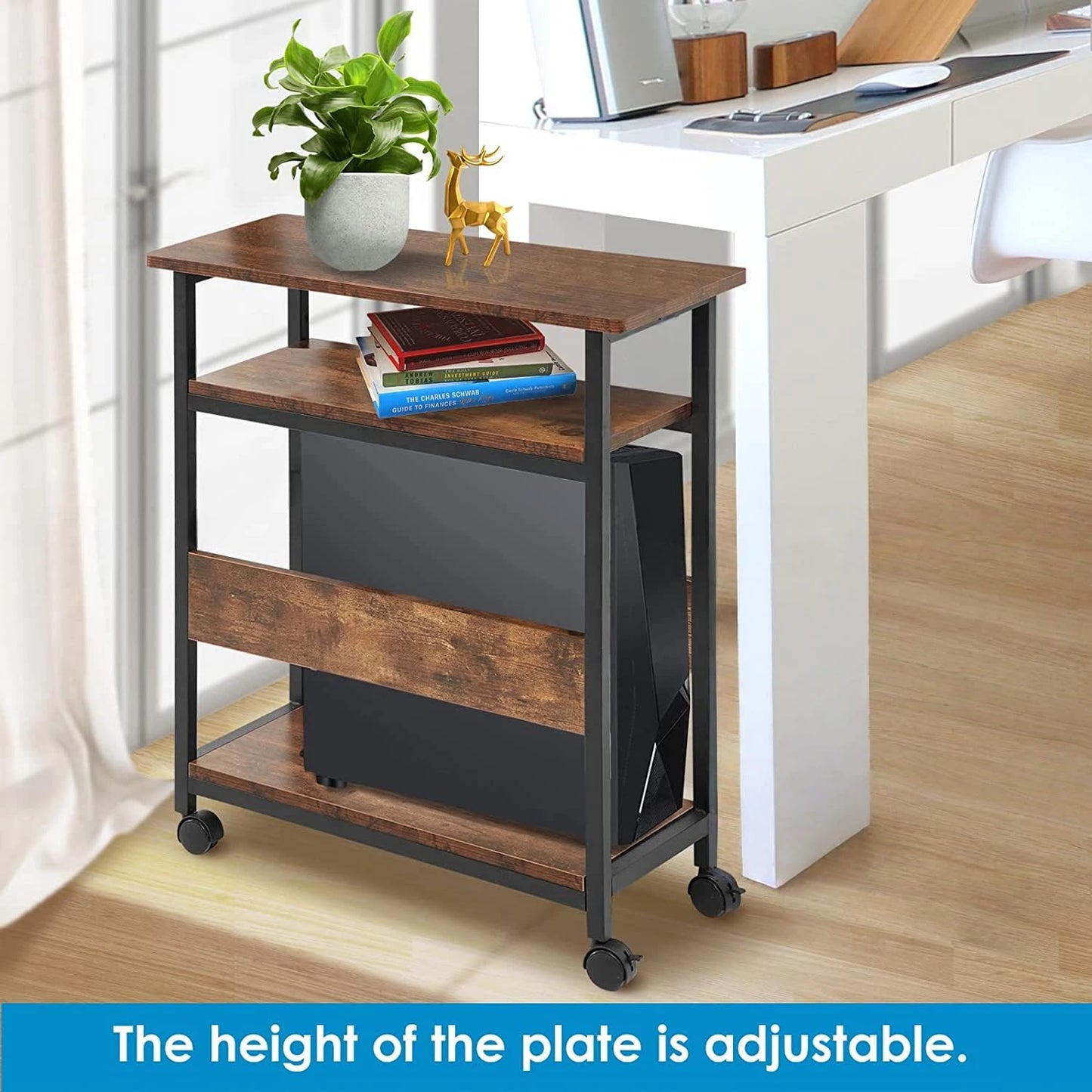Printer Stand, Printer Rack with Casters, Desk Side Cart, Mobile Printer Stand, Wooden Cart with Rack, Brown