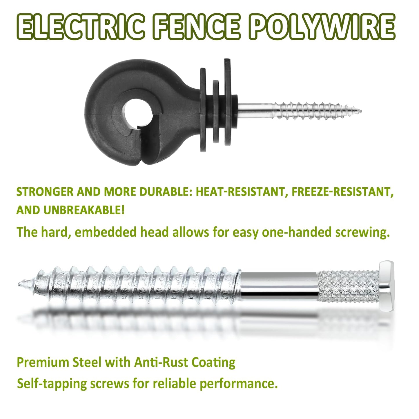 Electric Fence Polywire 660 Feet with 50 Pcs Electric Fence Insulator, High Conductivity Weatherproof 6 Steel Strands Electric Fence Wire & Insulator Socket Tool for Cattle, Horses, Sheep