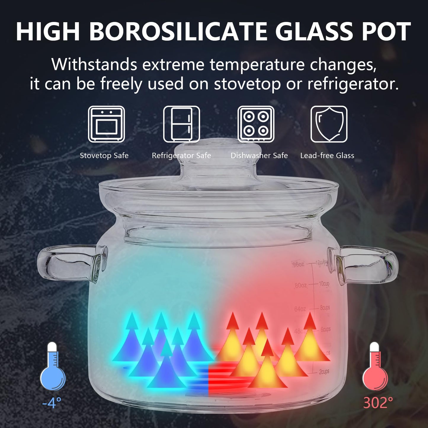3L(96oz) Glass Cooking Pot with Lid，Handmade Borosilicate Glass Stockpot with Graduations - Glass Saucepan with Cover for Cooking and Serving