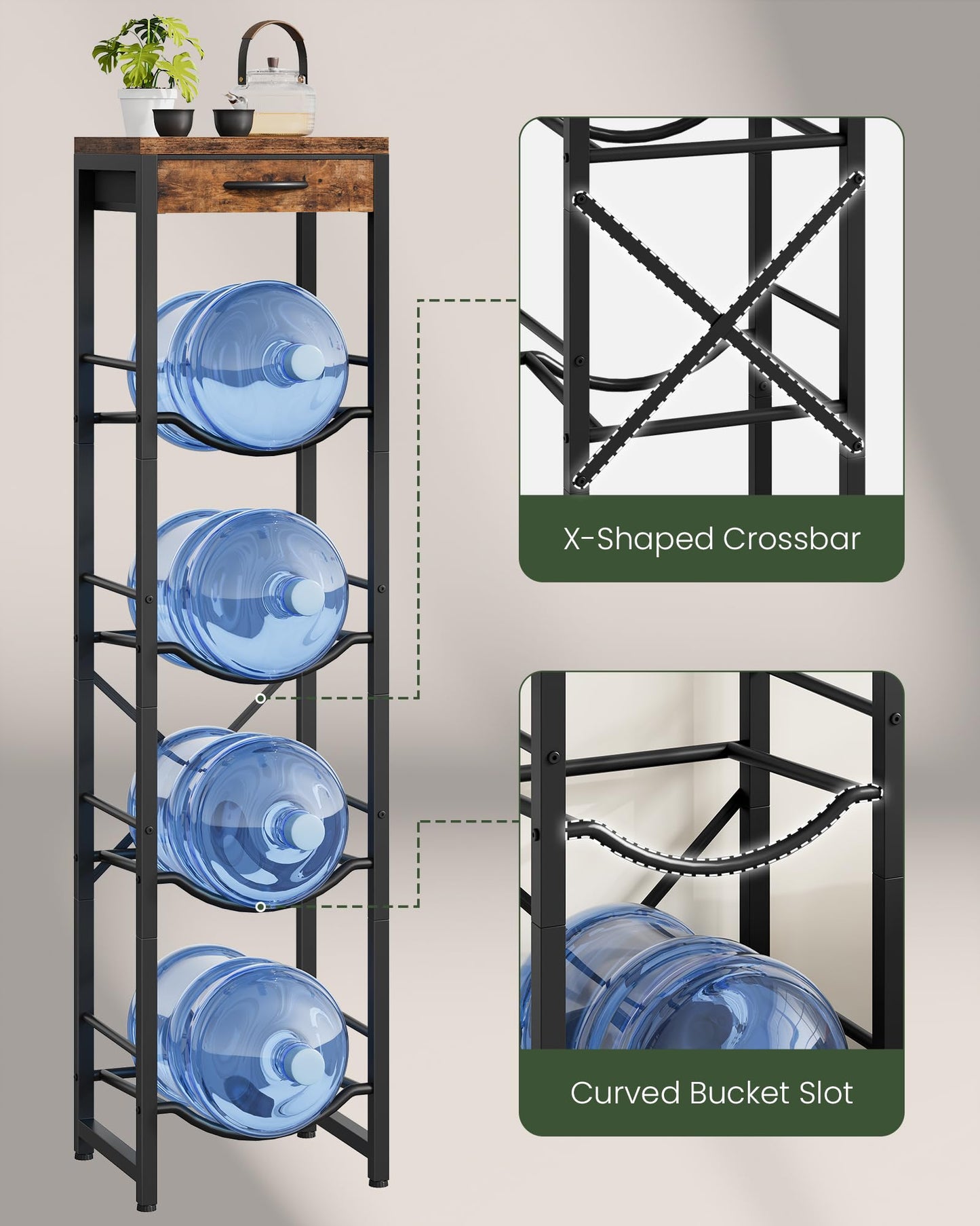 CHOEZON 5-Gallon Water Jug Holder, Water Bottle Holder, 4-Tier Kettle Storage Shelf with Drawer, Heavy Duty Jug Organizer, for Kitchen, Black and Rustic Brown TCJ34BF