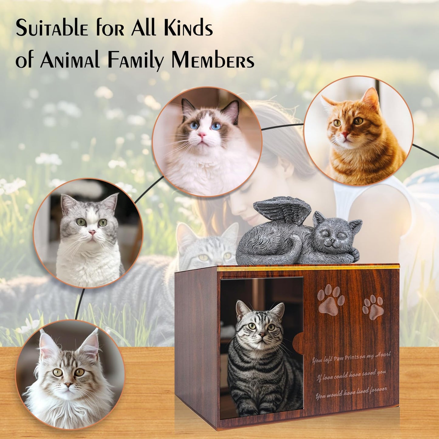 Cityjoy Cat Urn for Ashes - Large Wooden Texture Acrylic Memorial Urn with Angel Cat Statue, Pet Urns for Cats Ashes Keepsake Box - Sympathy Remembrance Gift for Loss of Beloved Pet Urns for Cats