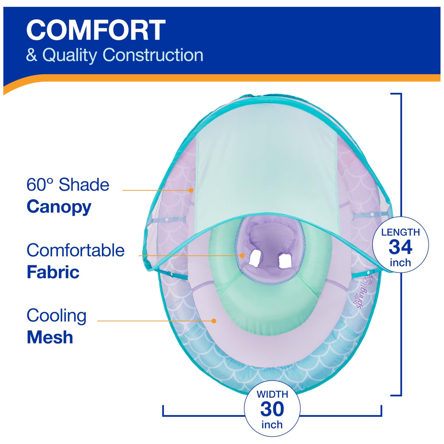 SwimWays Baby Spring Float, Baby Pool Float with Canopy, Swim Training PFD, Swimming Pool Accessories for Babies and Toddlers 9-24 Months, Mermaid