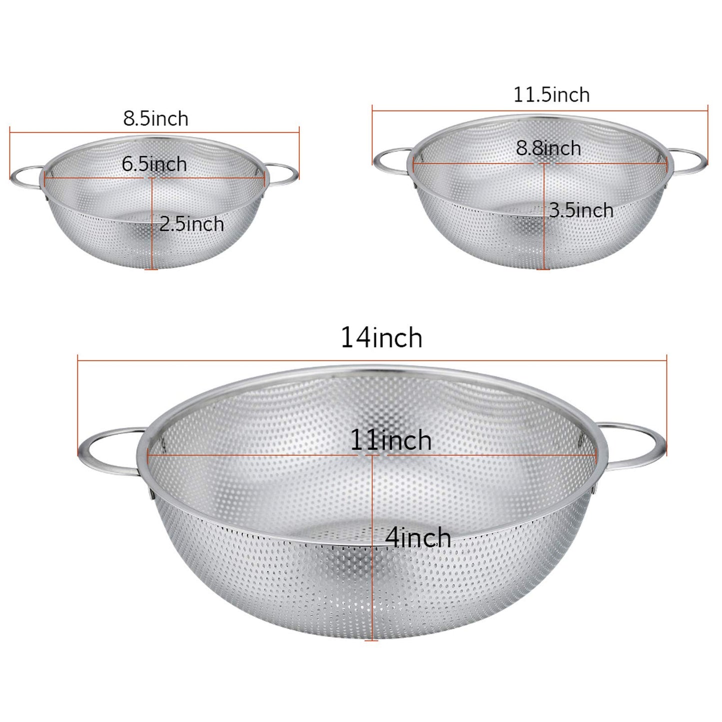 P&P CHEF Colander Set of 3, Stainless Steel Micro-Perforated Colanders Strainers for Draining Rinsing Washing, Ideal for Pasta Vegetables Fruits, Heavy Duty & Dishwasher Safe - 1/3/5 Quart