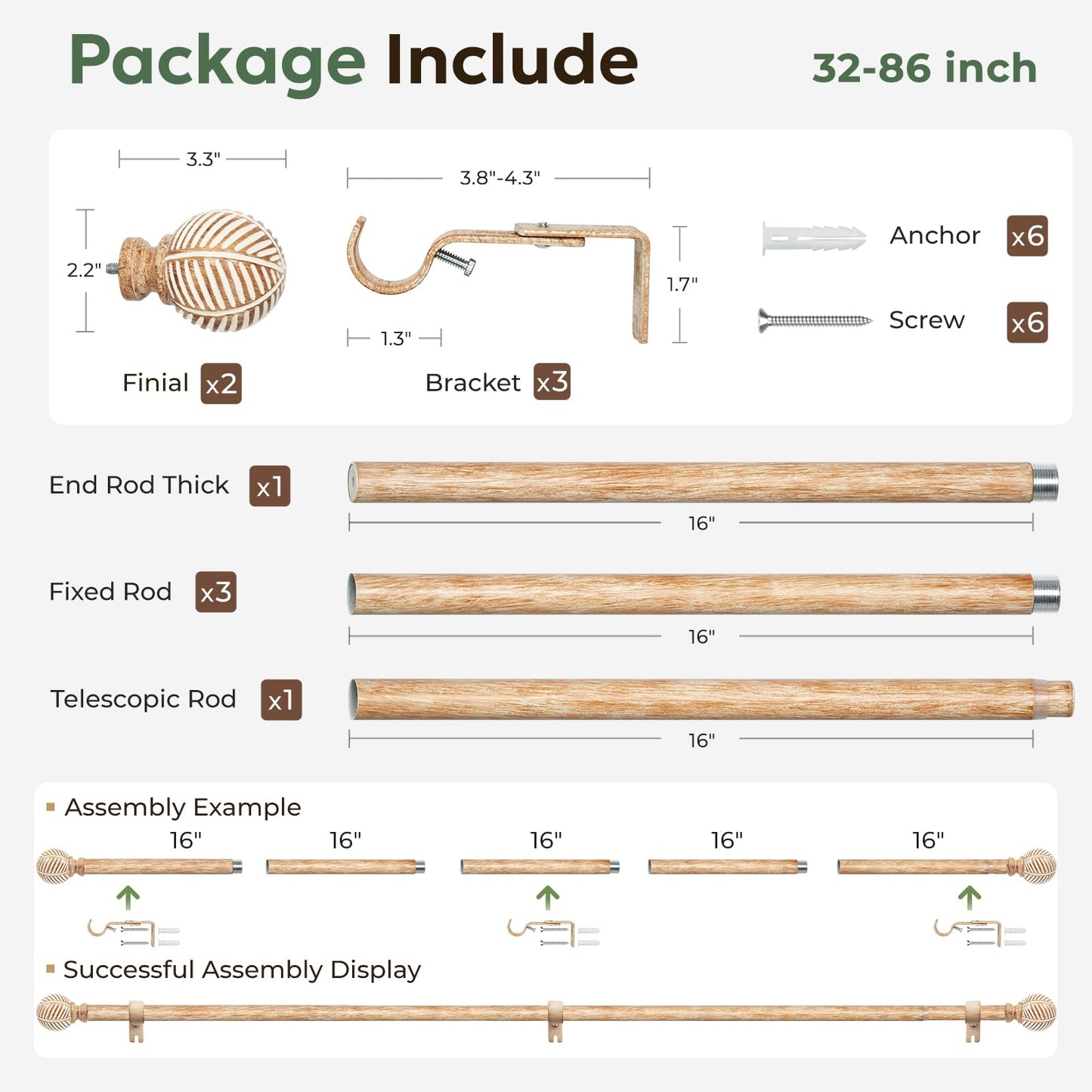 Zeerobee Wood Curtain Rods for Windows 48 to 84, 1 Inch Heavy Duty Drapery Rods with Imitation Wood Grain Leaf Pattern Finials, Indoor/Outdoor Modern Curtain Pole, 32"-86", Brown
