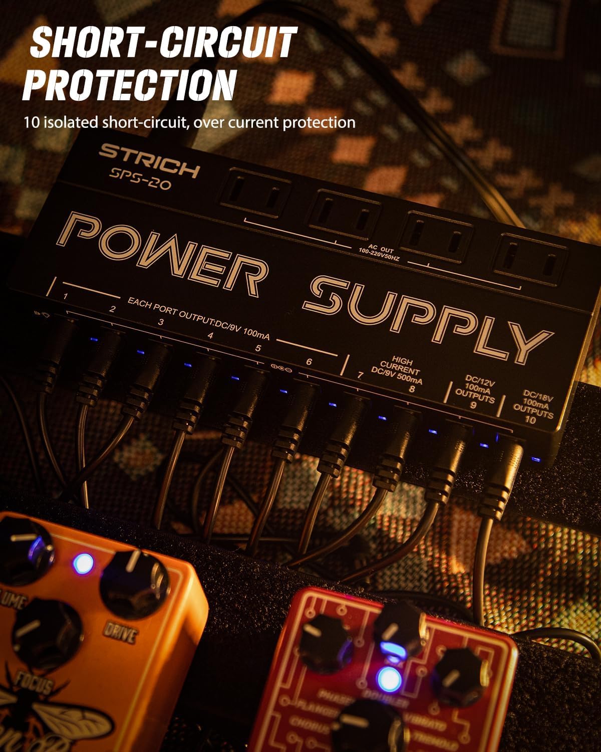 STRICH SPS-20 Guitar Pedal Power Supply, 10 Independent DC Output for 9V/12V/18V Guitar Bass Effect Pedals, 100mA 500mA Pedalboard Power Supply with Short Circuit Protection