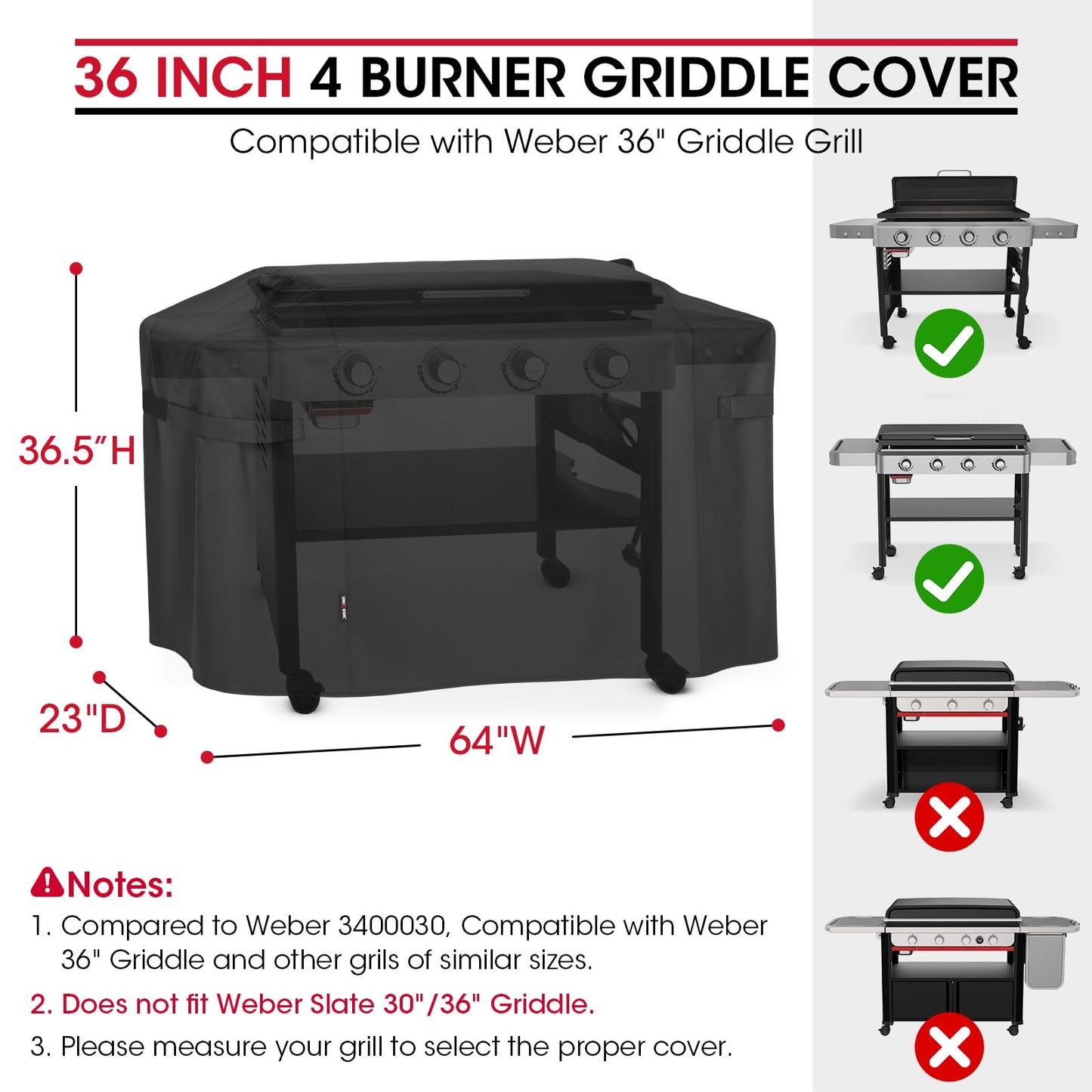 Unicook Griddle Cover for Weber 36 Inch BBQ, Heavy Duty Waterproof 4 Burner Flat Barbecue Grill Cover with Hood, Compared to Weber 3400030, 64 Inch Housse BBQ for Outdoor Griddle, Black