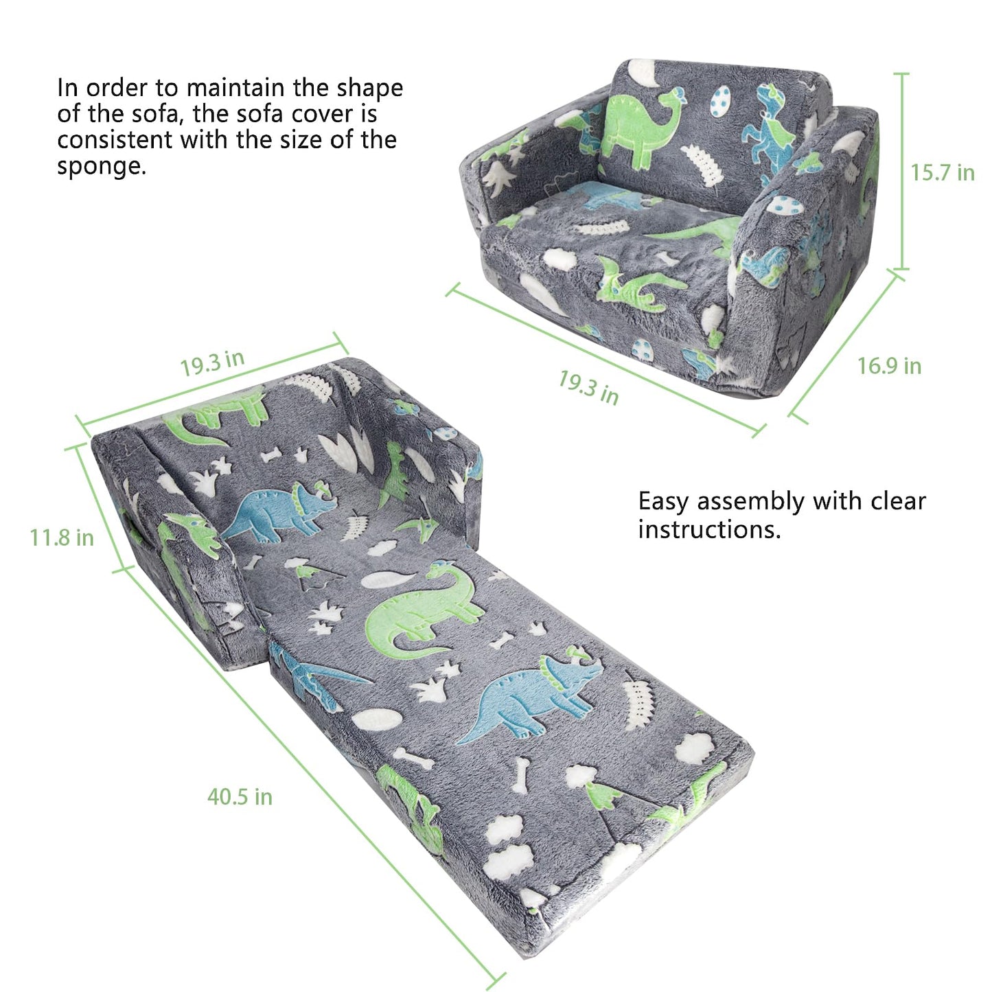 Kids Sofa Toddlers Sofa Glow in The Dark Kids Fold Out Play Couch Mini Dinosaur Couch for Kids Toddlers