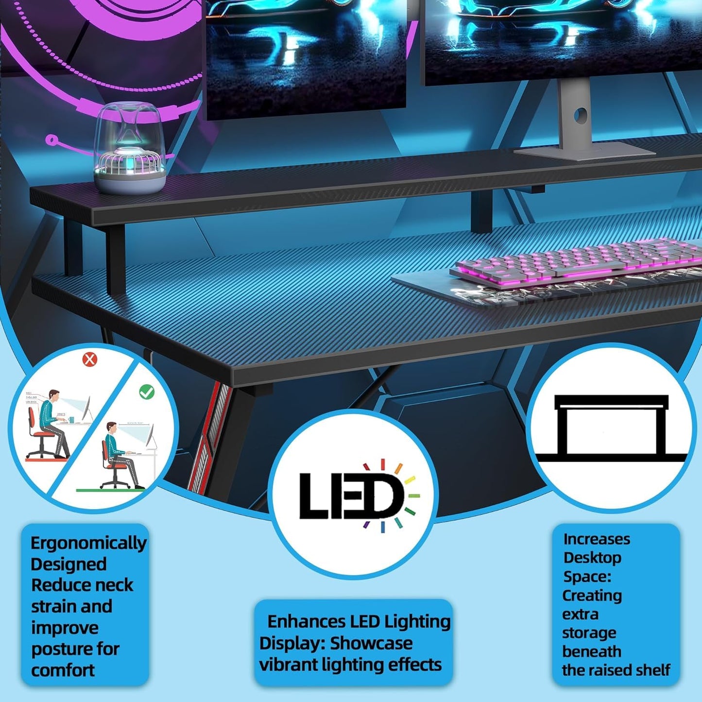 BEXEVUE Gaming Desk with Power Outlets LED - 40 inch Ergonomic Computer Gamer Table, PC Monitor Stand, X Frame, Headphone Hook, Workstation for Study Bedroom Home Office, Black