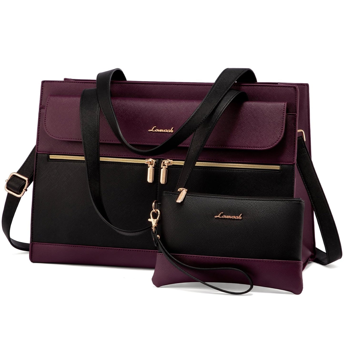 LOVEVOOK Laptop Bag for Women Leather 15.6 Inch Laptop Tote Work Bag Professional Shoulder Bag Computer Briefcase Waterproof Handbag Business Teacher Office Bag Crossbody Purse, Black-Purple