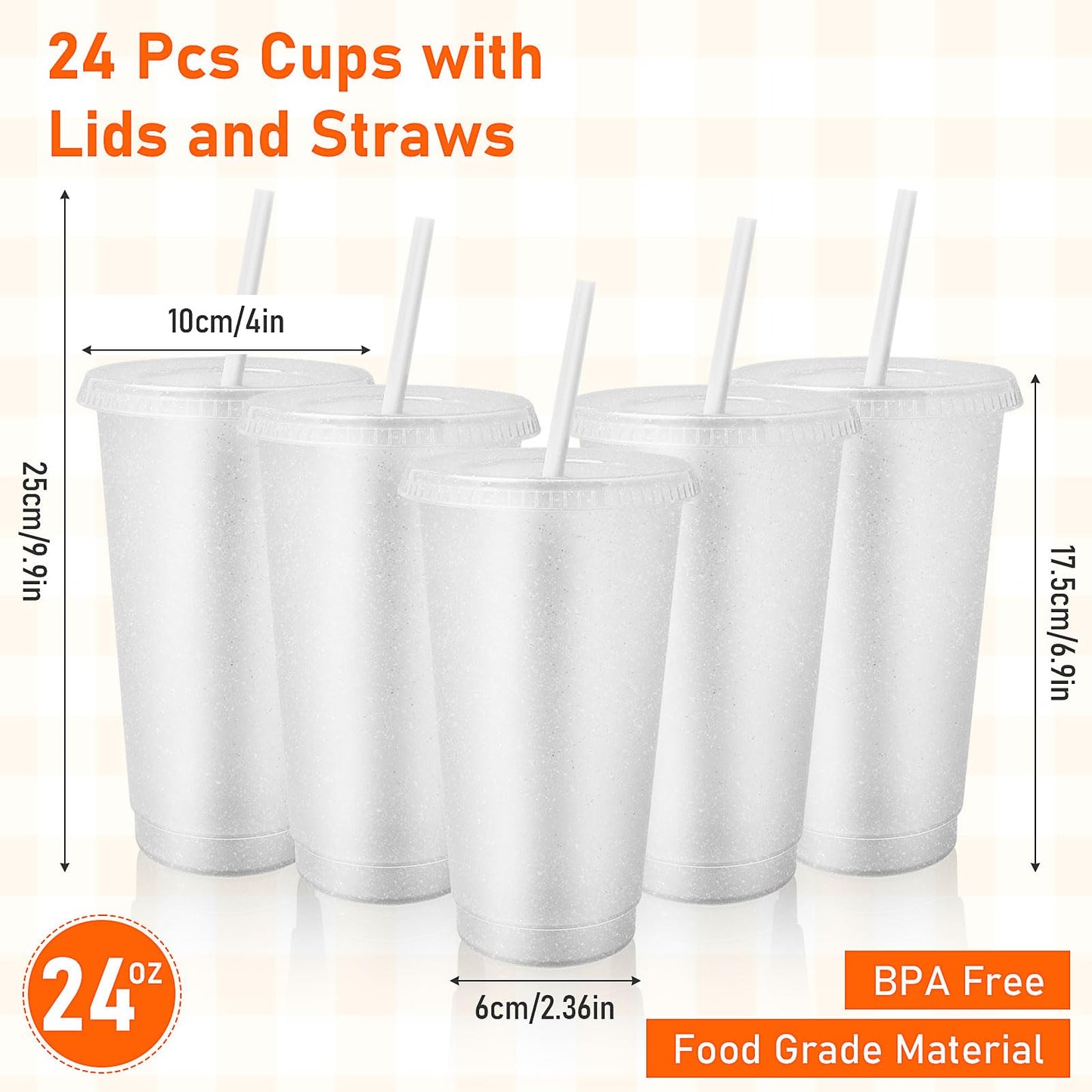 24 Pcs Plastic Glitter Cups with Lids and Straws,24 oz Reusable Tumbler Bulk Water Bottle Iced Coffee Cup Travel Mug for Smoothie Juices Birthday Party Supplies (White)