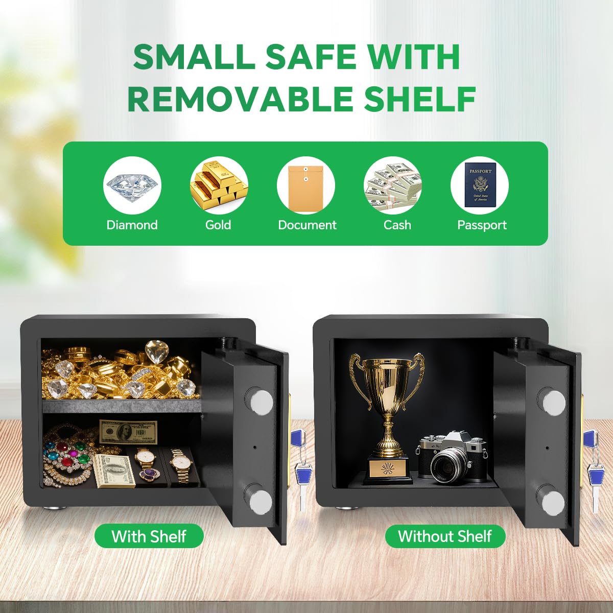 1.2 Cub Safe Box with Digital Keypad & Alarm System - Electronic Lock Box for Jewelry Cash with Adjustable Shelves - Includes LED Light & Fireproof and Waterproof Bag