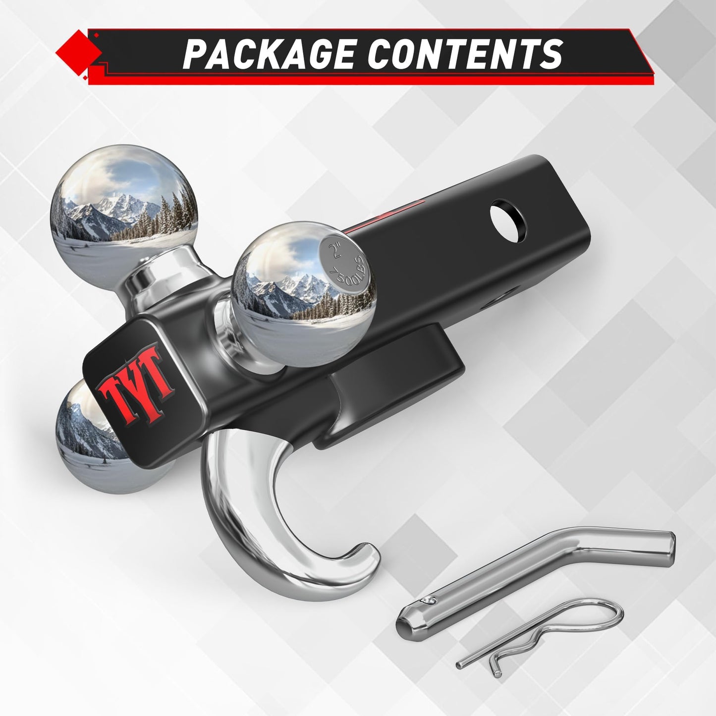 TYT Trailer Hitch Tri Ball Mount with Tow Hook,Fits 2 inch Receiver,Triple Balls (1-7/8", 2", 2-5/16"),10,000 lbs GTW,1,000 lbs TW,with Hitch pin