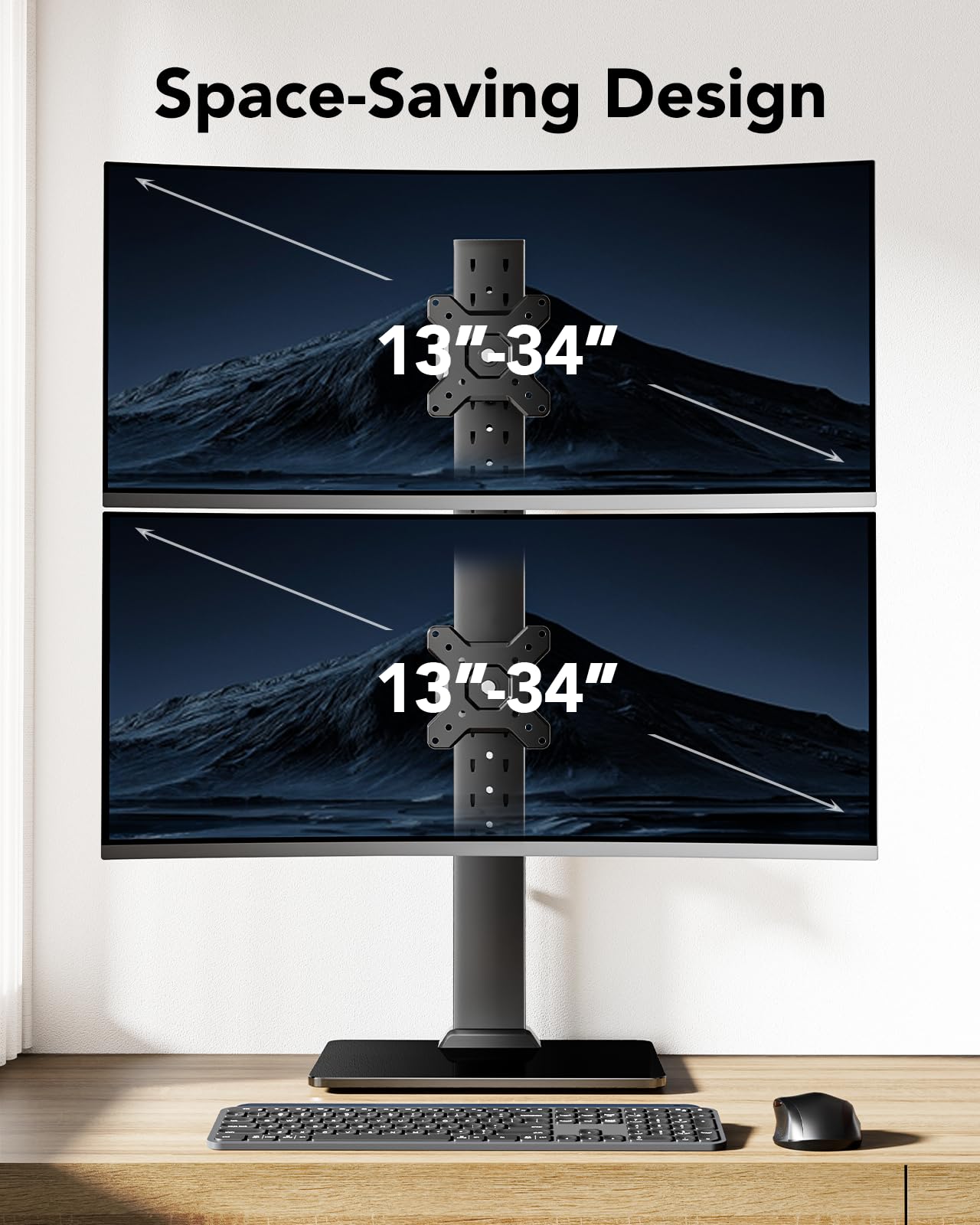 HUANUO Advanced Dual Monitor Stand with Tempered Glass Base - Vertical Mount for 13-34" Screens (44 lbs Each). Engineered Stability for Working, Gaming. Swivel, 360° Rotation & 13 Height Adjustments.