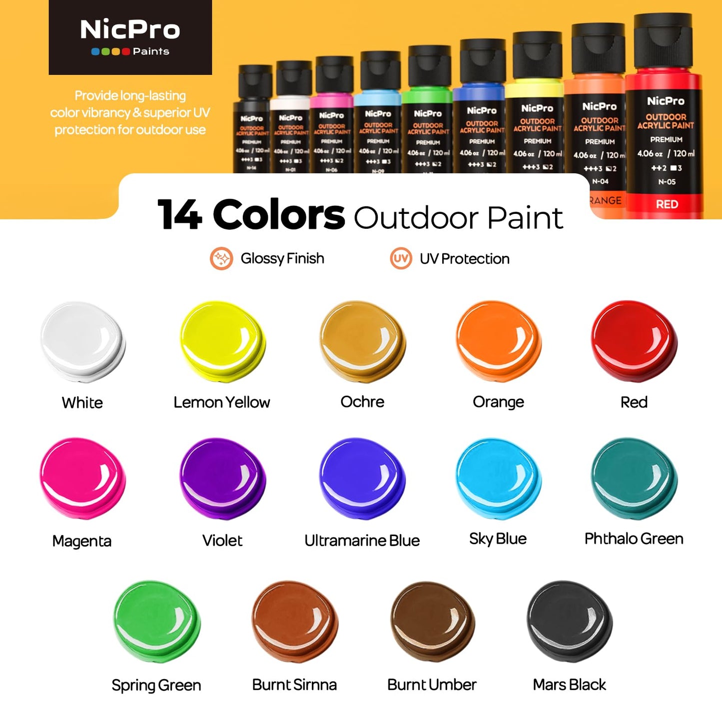 Nicpro 14 Colors Outdoor Acrylic Paint Bulk (4.06 oz,120ml) with Brush and Sponge, Knife, Non-Toxic Exterior Paint for Multi-surface Rock, Wood, Fabric, Leather, Metal, Canvas, Shoes and Wall Painting