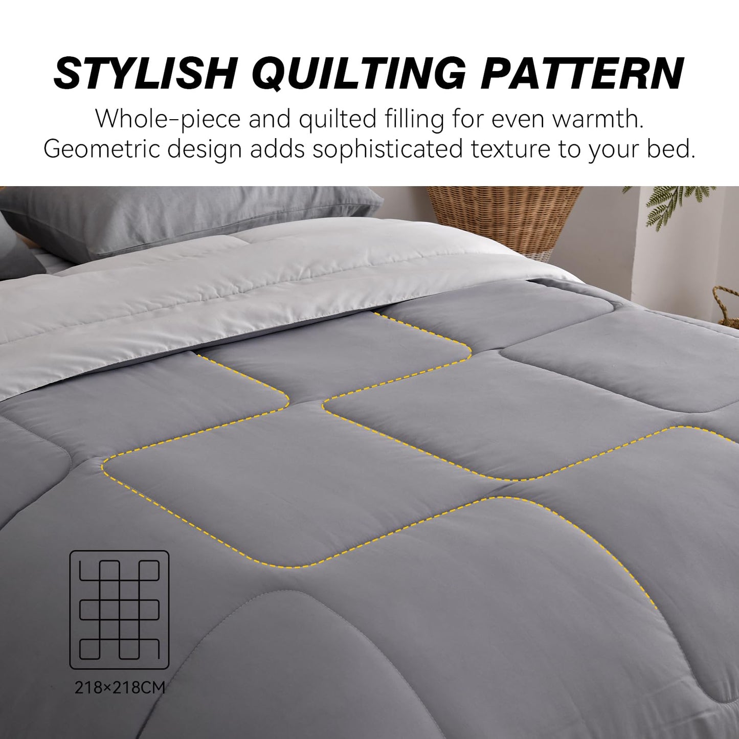 LAVANCE All Season Reversible Comforter, Quilted Queen Down Alternative Bedding Comforters, Premium Soft Microfiber Duvet(Gray, Queen 218x218cm)