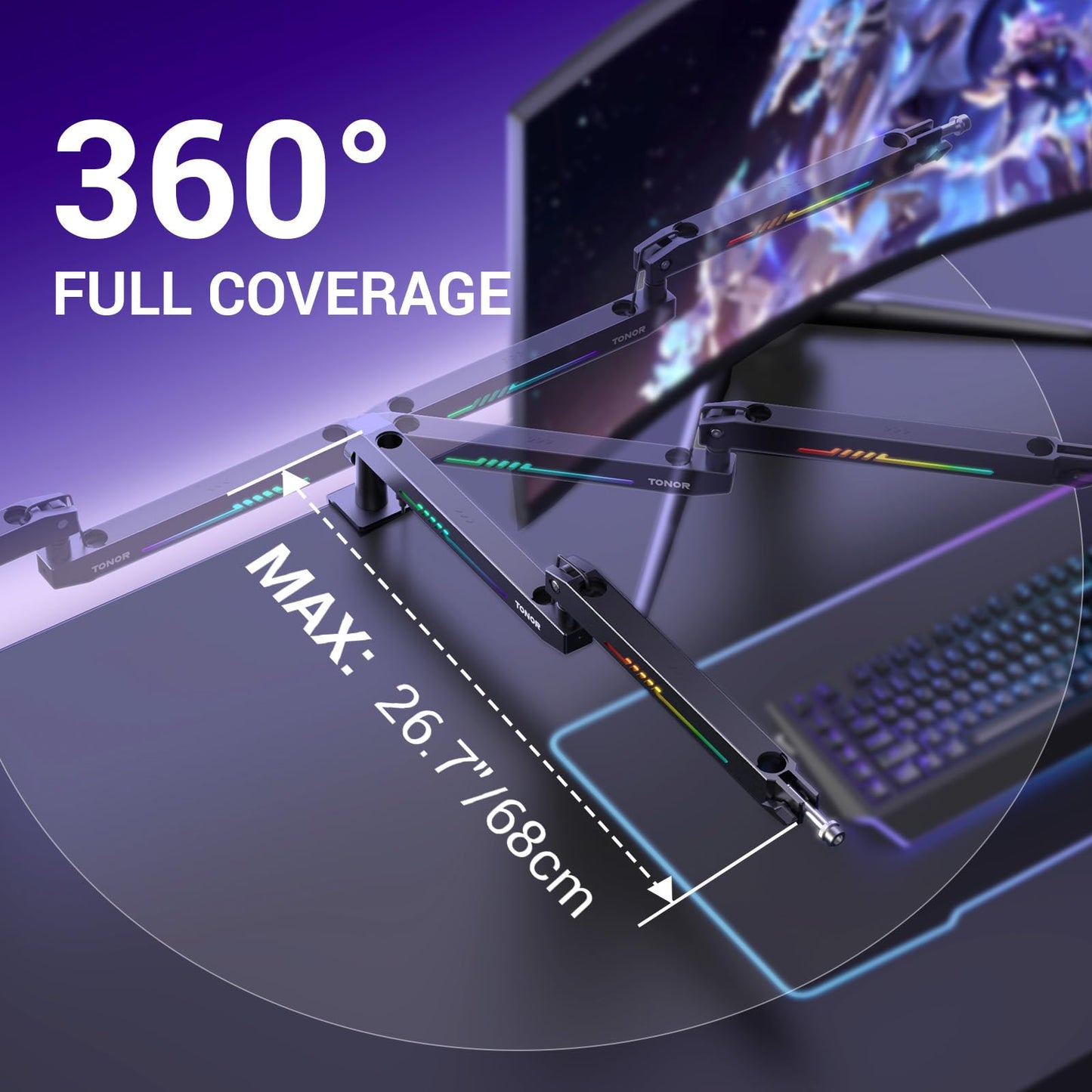 TONOR RGB Gaming Mic Arm, Low Profile Microphone Boom Arm with controllable RGB Light, Mic Stand with Cable Management, Compatible with Popular Microphones for Streaming, Studio, T90LP