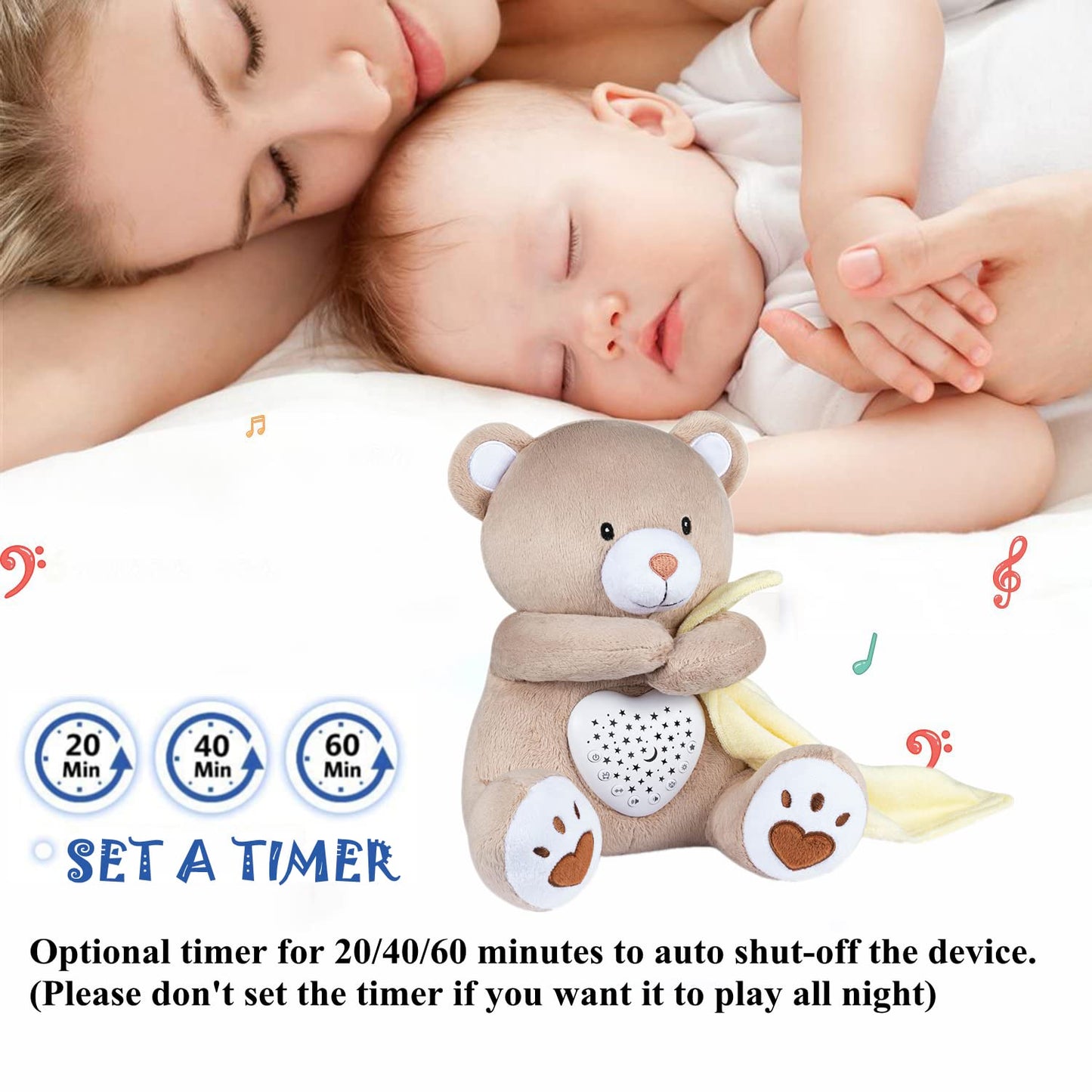 BEREST Rechargeable Sleep Soother Heartbeat Dreamy Bear, Baby Cry Sensor Lullabies & White Noise Machine, Nursery Decor Night Light Projector, Toddler Crib Sleeping Aid Baby Shower Gifts Teddy