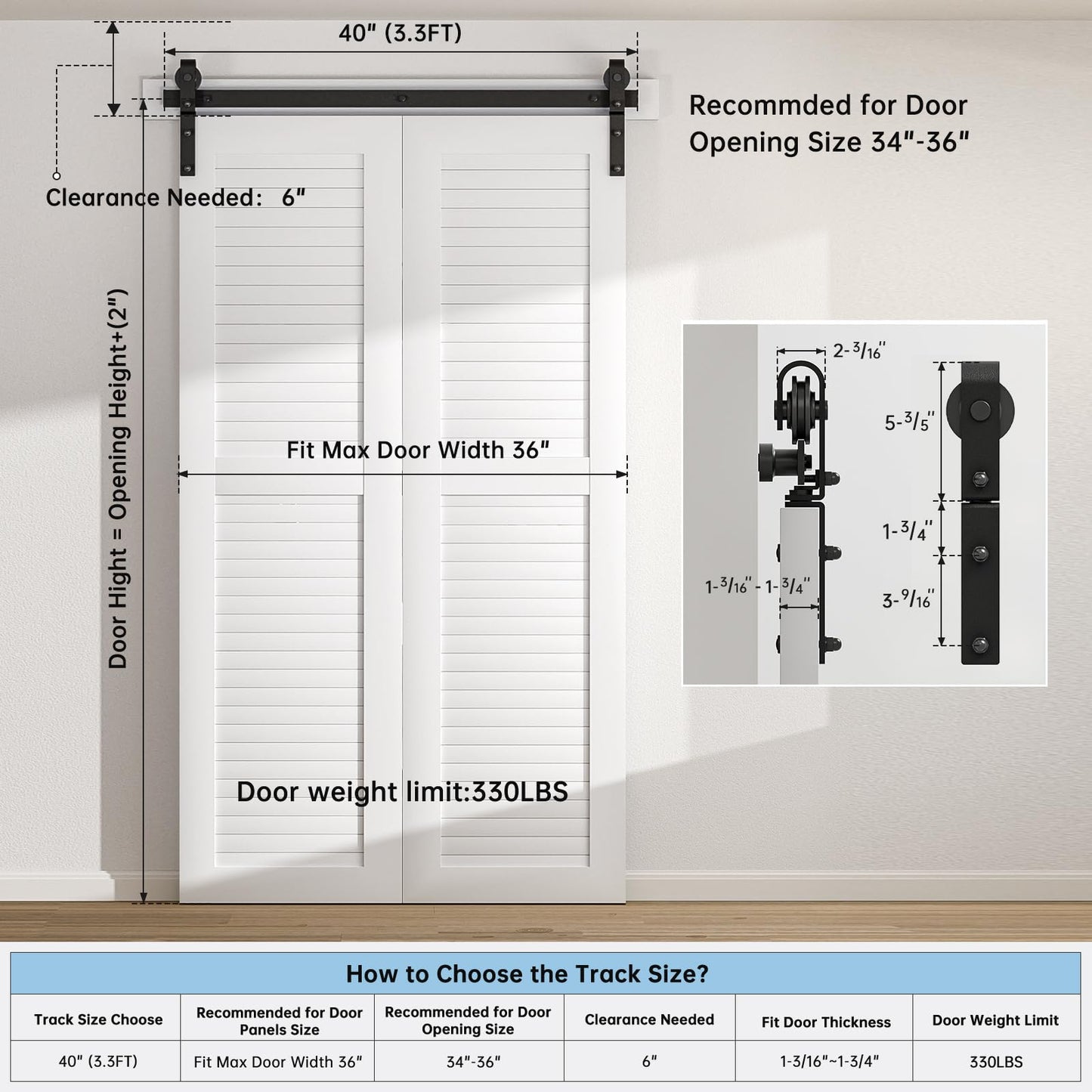 BONIKLUBA 40" Bi-Folding Sliding Barn Door Hardware Track Kit,Smoothly&Quietly,Side Mounted Black Roller,Easy Install,Door Not Included [Fit Double 18" Bifold Doors]