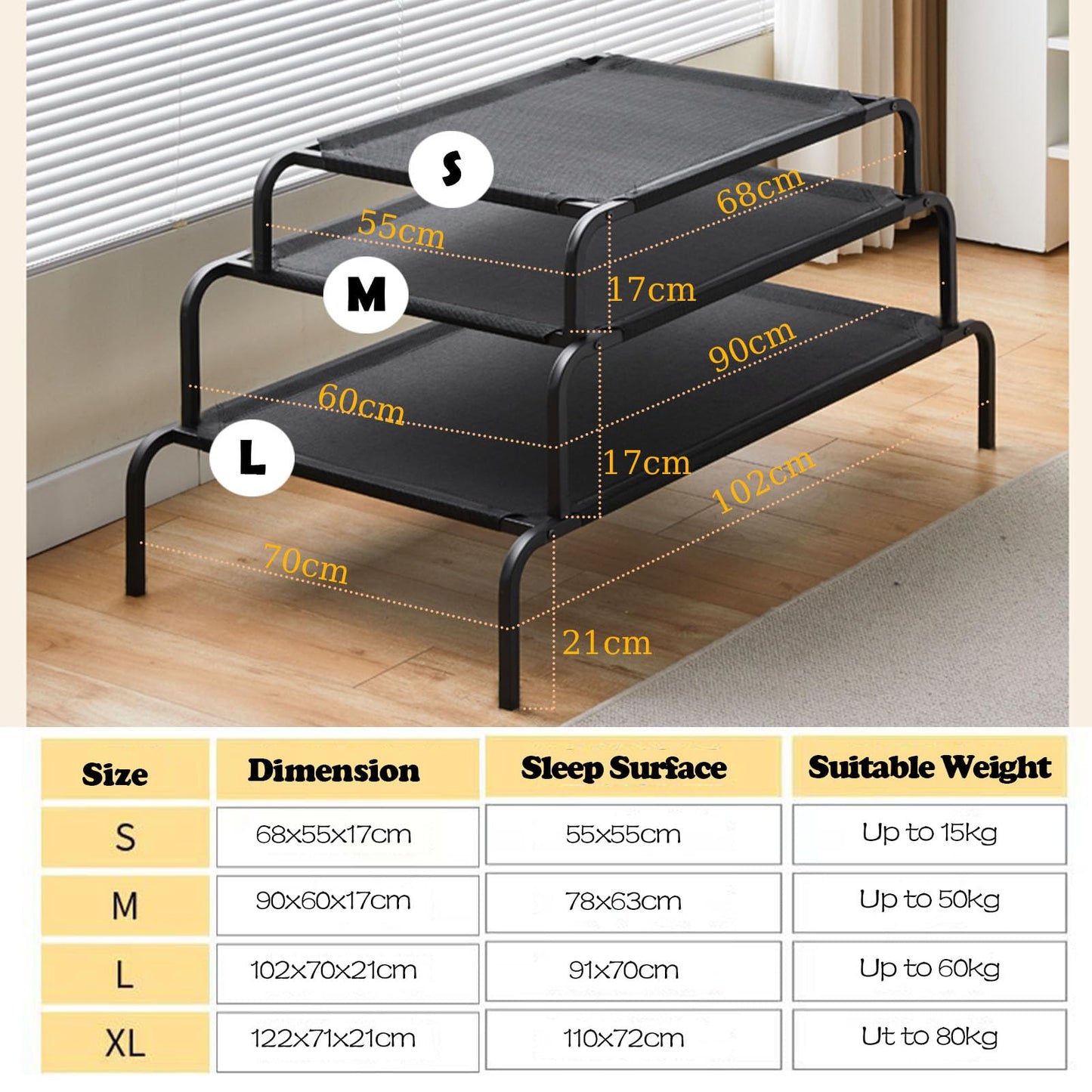 YolieraArt Raised Dog Bed for Medium Dogs, Elevated Outdoor Cot Bed Easy to Assemble with Durable Breathable Teslin Mesh, Chewproof Hammock Indoor Pet Bed (Black, M:35.5x23.5x7in)