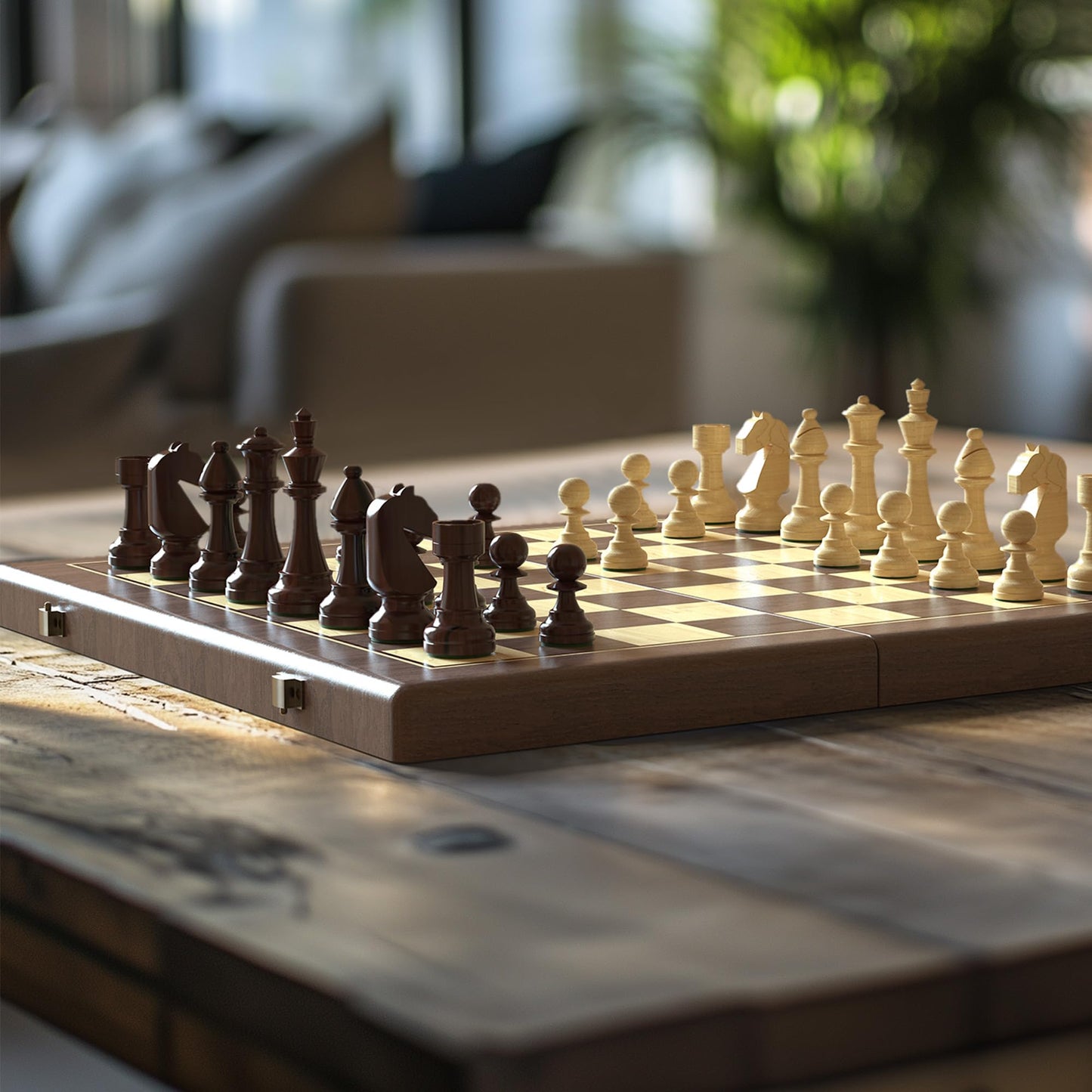 15" Wooden Folding Chess & Checkers Set - 2 in 1 Board Game with 3" King Staunton Pieces and 2 Extra Queens (Walnut Wood+Red Shell)