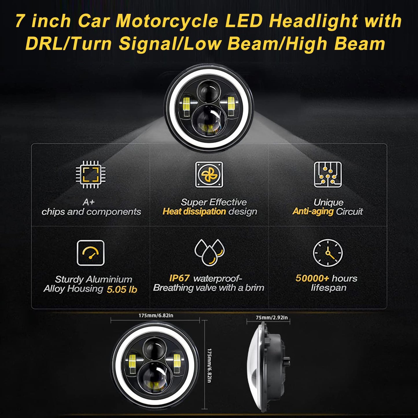 Shkalacar 7inch LED Headlight H4 140W Angel Eyes Round Headlights 4 Modes 14000LM 6000K White/3000K Amber Car Motorcycle Headlight Auto Ring Lights IP67 Waterproof 2pcs