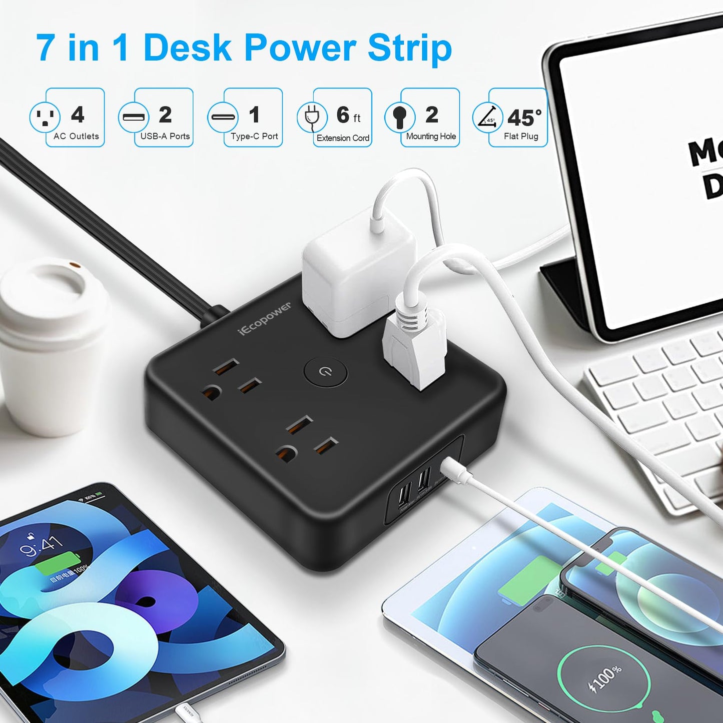 2 Pack Ultra Flat Plug Power Bar,Power Bars with Surge Protection-4 Widely Outlets,6 ft Flat Plug Extension Cord with 3 USB Ports(1 USB C Port),Slim Desk Charging Station,Black