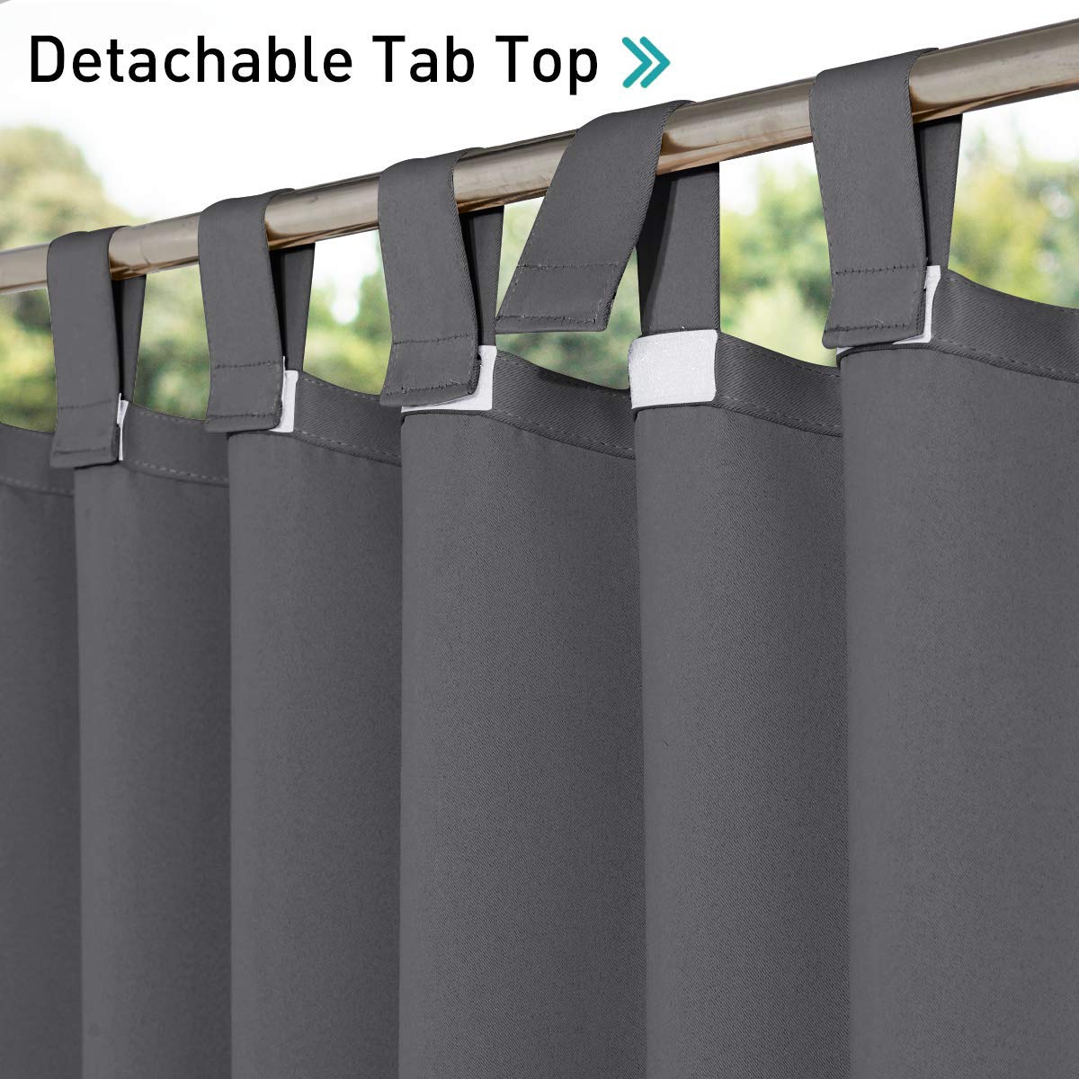 NICETOWN Patio Outdoor Curtains with Sticky Tab Top Waterproof - Light Block Vertical Drapes for Porch, Gazebo, Pergola Outdoor/Indoor Privacy Curtains 2 Panels, 84 x 84 inch, Grey
