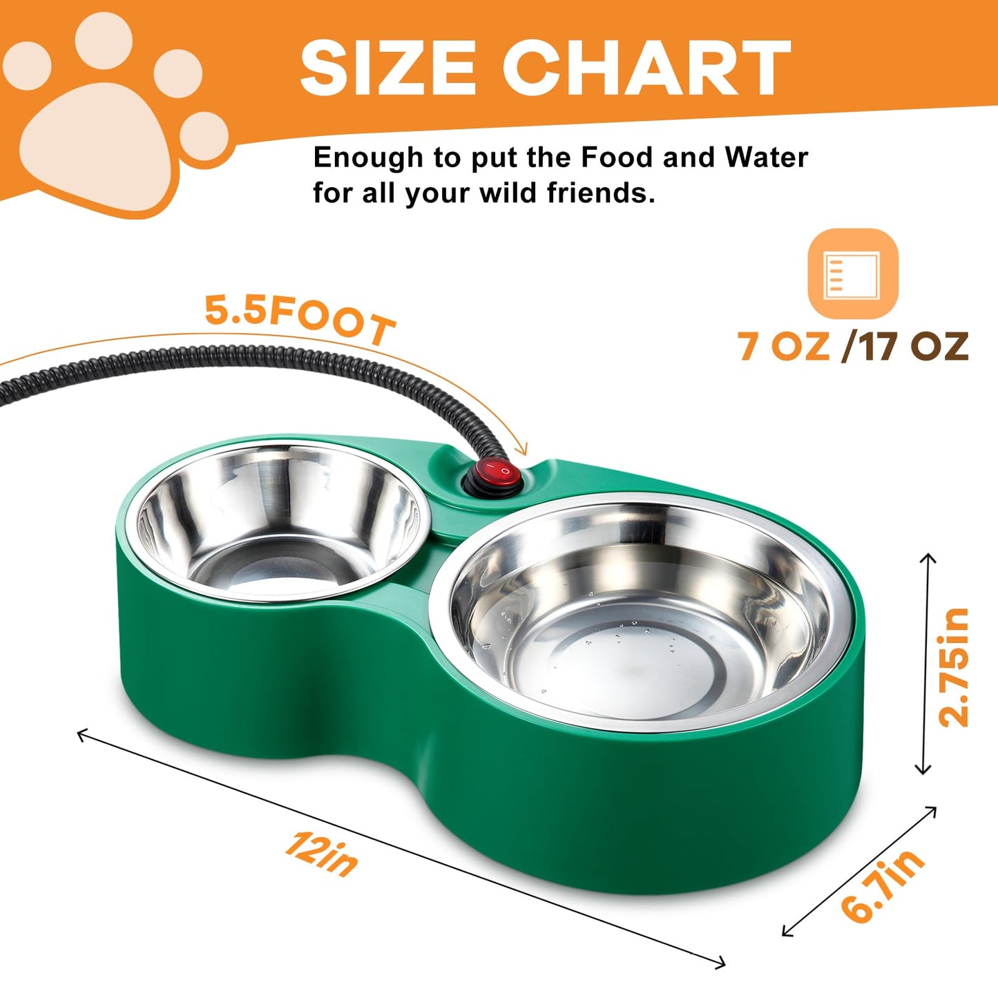 Heated Cat Bowl - KOKOPRO for Outdoor Heated Pet Bowl Stainless Steel Heated Water Bowls Food Warmer, Double Heated Pet Bowl for Feral Cat Feeding Station Provide Non Freezing Food and Water in Winter