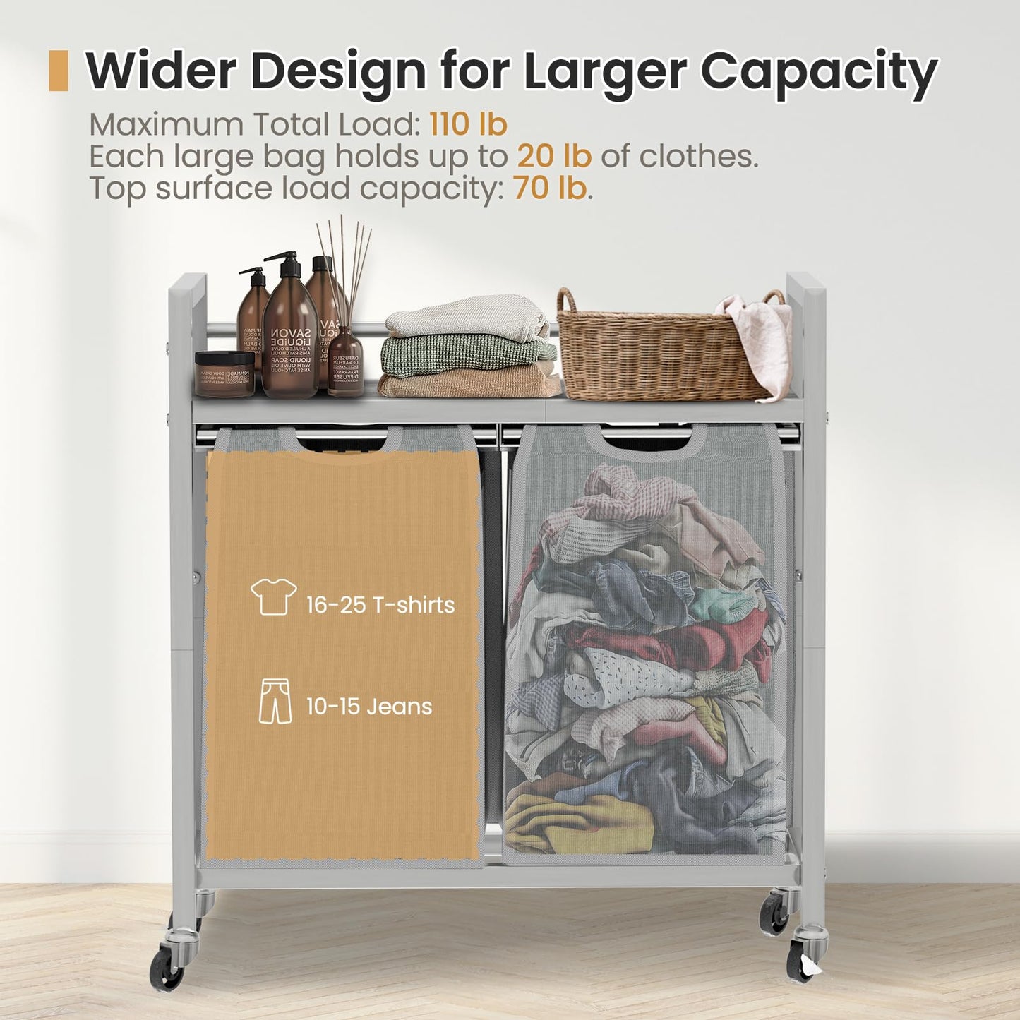 SwaaVee Laundry Hamper Basket, Laundry Sorter with 2 Removable Bags, Clothes Basket with 2 Compartments, Wheels, Shelf for Laundry Room Bathroom Bedroom (2 Bags-Grey)