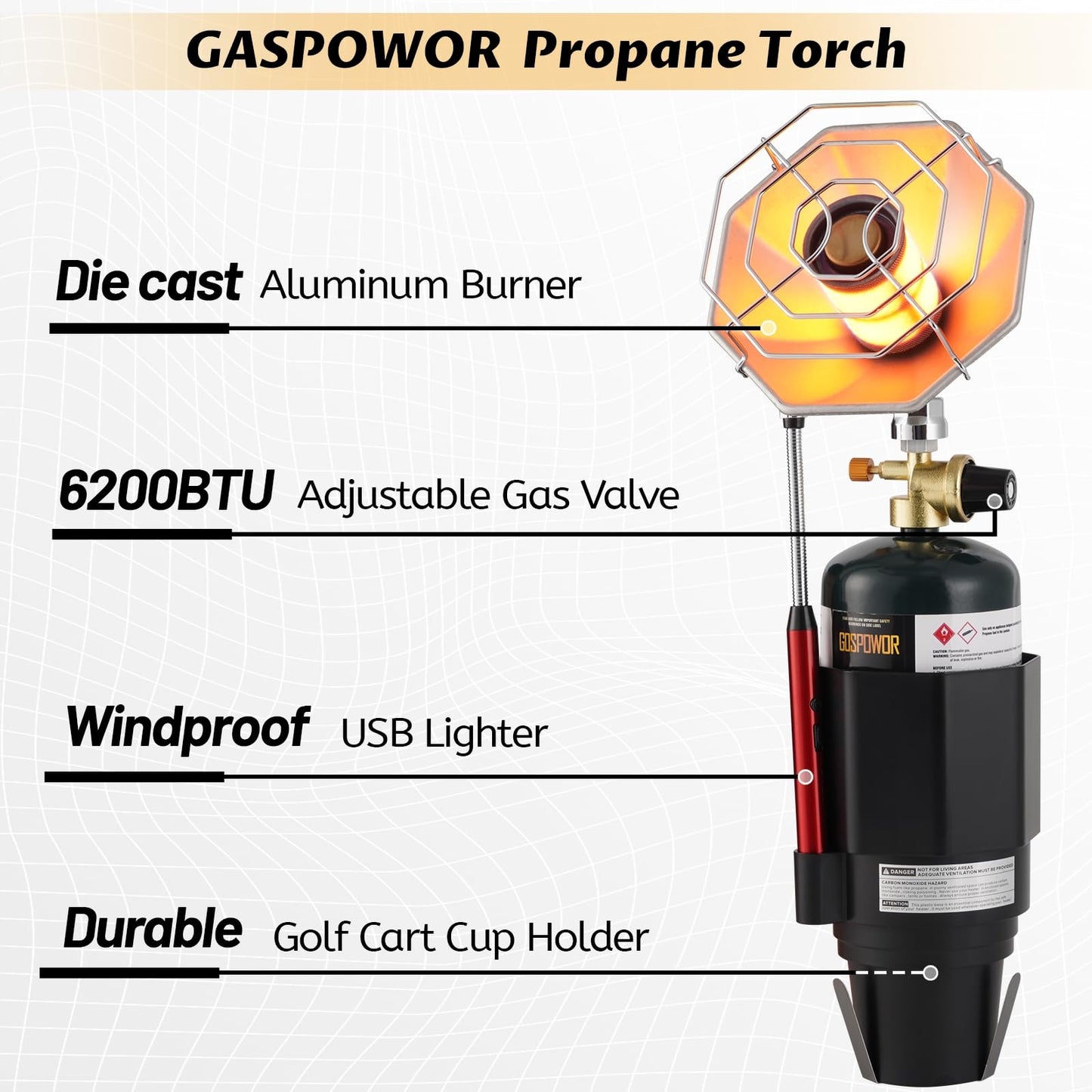 Propane Golf Cart Heater 6200BTU, Propane Heater with Golf Cart Cup Holder, Camping, Patio, Hiking, RV Travel (Fuel not included)