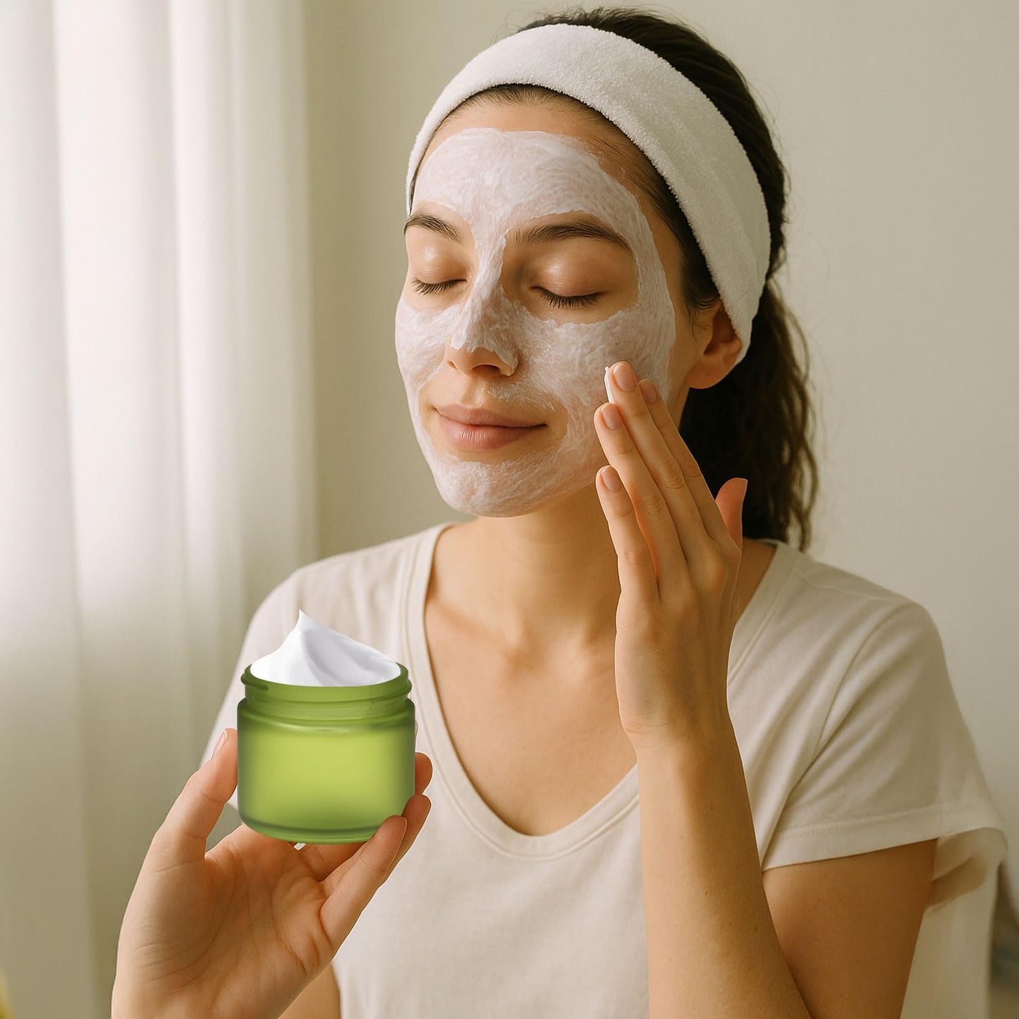 32 Pcs 2 oz Glass Jars with Lids Travel Size Round Leakproof Empty Cosmetic Jars with Inner Liners Lid for Storing Makeup Lotions Face Cream Ointments Candle DIY Making (Bean Green)