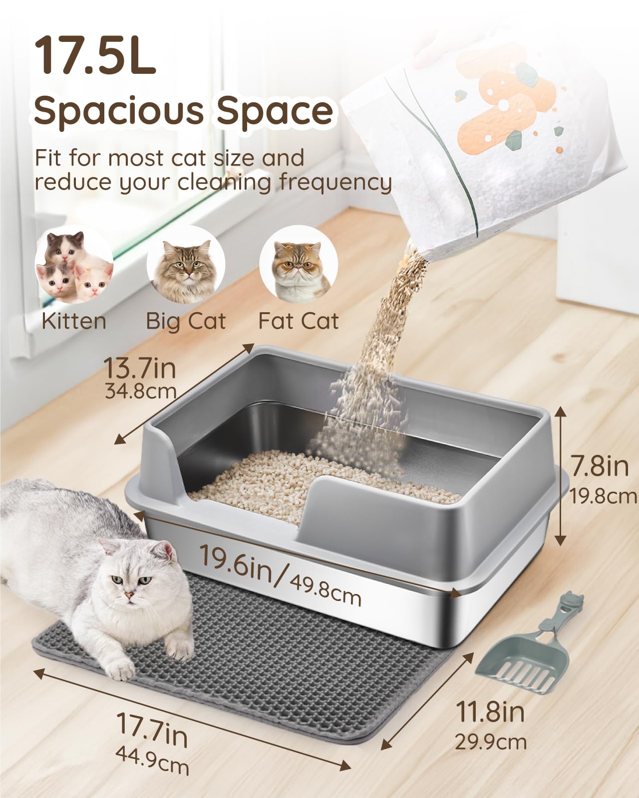 Stainless Steel Cat Litter Box with Lid - Papettly Stainless Steel Litter Box with High Sided, Metal Cat Litter Box with Double Layer Litter Mat, Scoop, Brush, Easy Cleaning & Anti-Leakage, 20"x14"