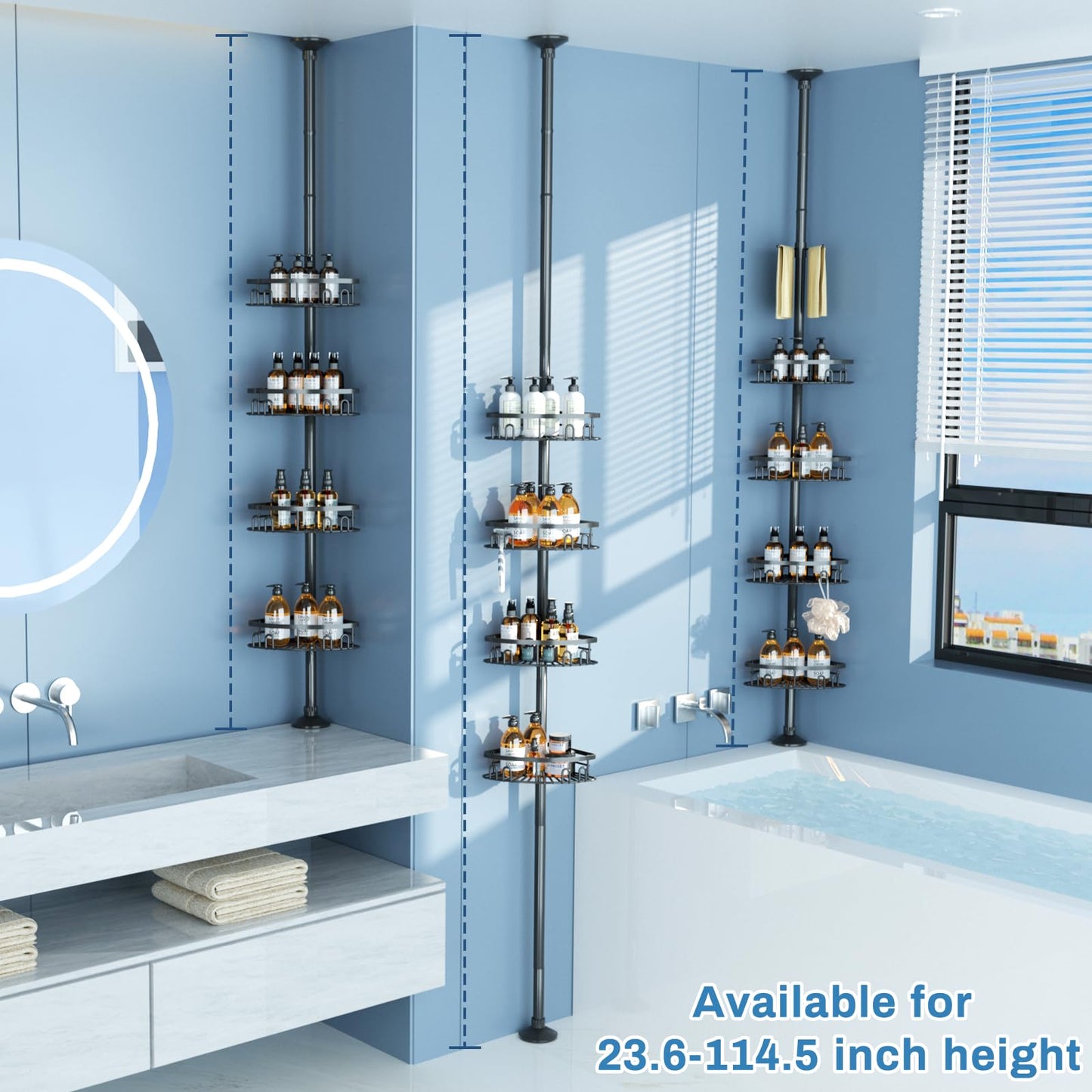 cutefafa Rustproof Corner Shower Caddy with Tension Rod, 4 Large Baskets for Bathtub Shampoo Storage Organizer Bathroom Height Adjustable Shelves from 50 to 297 cm with Towel Bar