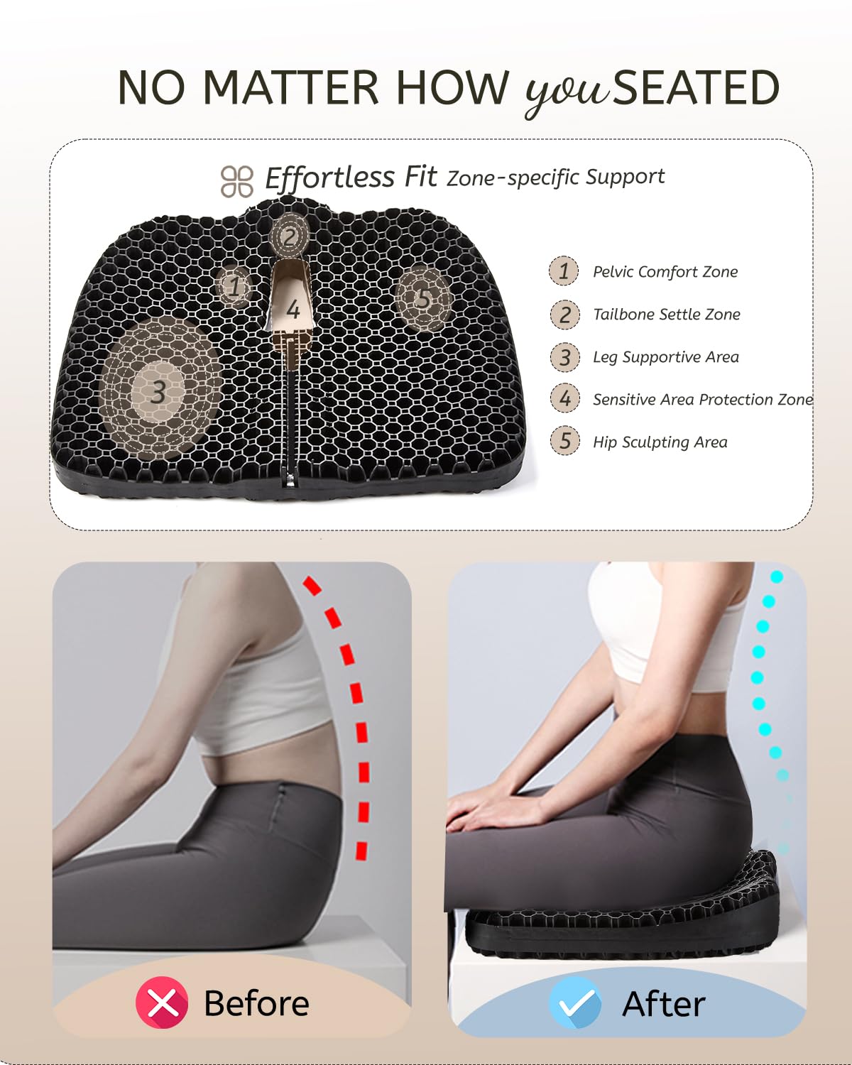 Anzeng Gel Seat Cushion for Long Sitting, Gel Cushion for Pressure Relief, Soft & Breathable, Chair Cushion for Office Chair, Car, Wheelchair, Seat Cushion with Non-Slip Black Cover