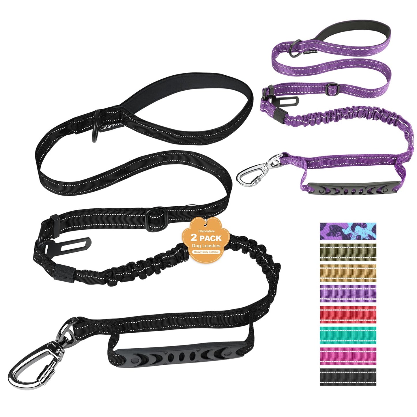 Chioratree Heavy Duty Dog Leash for Medium Large Dogs 2 Pack, Shock Absorbing Bungee Tactical Dog Leash, 4-6FT Strong No Pull Lead with 2 Padded Handle,Car Seatbelt,Light Reflective Rope, Black Purple