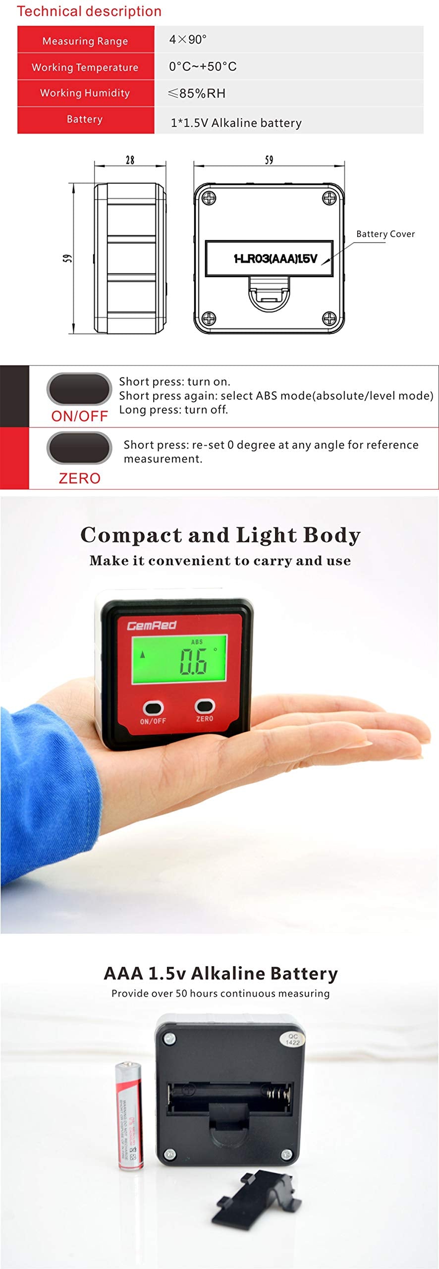GemRed 82412 Backlight Digital Level Box Protractor Angle Finder Level Gauge Bevel Gage Inclinometer Magnetic Base (82412 Angle Gauge)