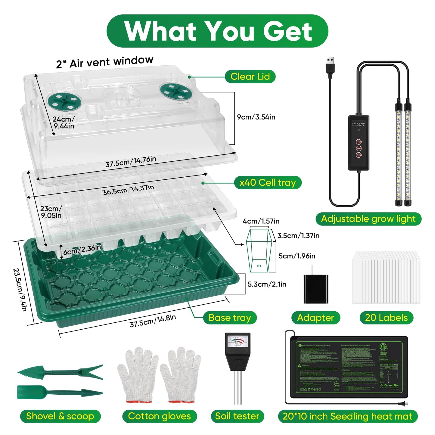 BlumWay 4-in-1 Seed Starter Tray with Grow Light &Heat Mat & Soil Meter Set,40-Cells Seedling Tray with Humidity Dome for Indoor Plant