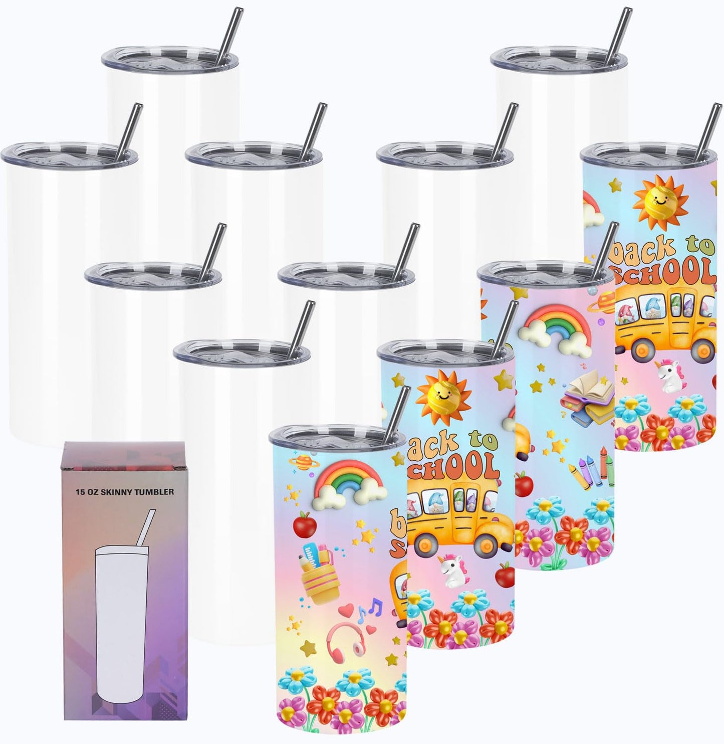 Wzaytia 15 Oz Sublimation Tumblers Blank (12 Pack), Skinny Straight Kids Tumblers Bulk, Individually Gift Boxed, White Tumblers