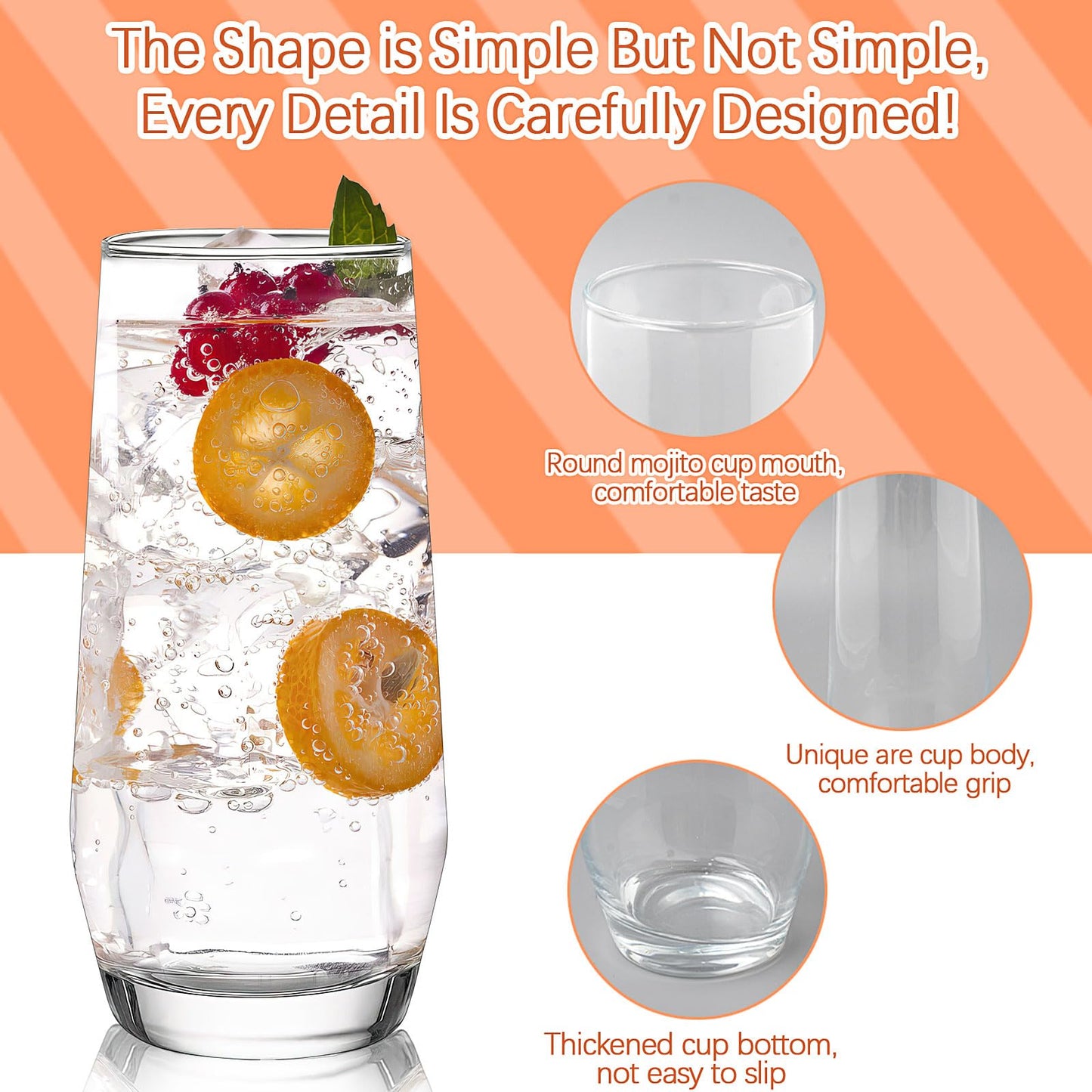 Drinking Glasses Set of 12, Crystal Highball Water Glasses, Glass Cups for Water, Juice, Beverage, Mojito, Mixed Drinks, Cocktail Glass Set-15 Oz