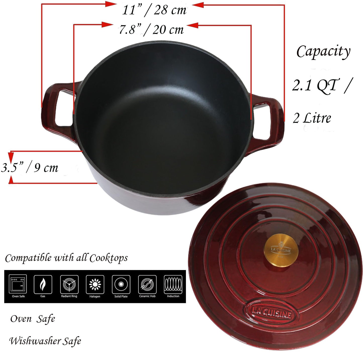 La Cuisine Enameled Cast Iron Dutch Oven Casserole Dish Pot with Lid, 2.1 QT 7.9“ /20cm Dia. Internal Matte Black Enamel Coating, Gold-Plated SS Lid Handle Oven Safe up to 500° F, Cranberry