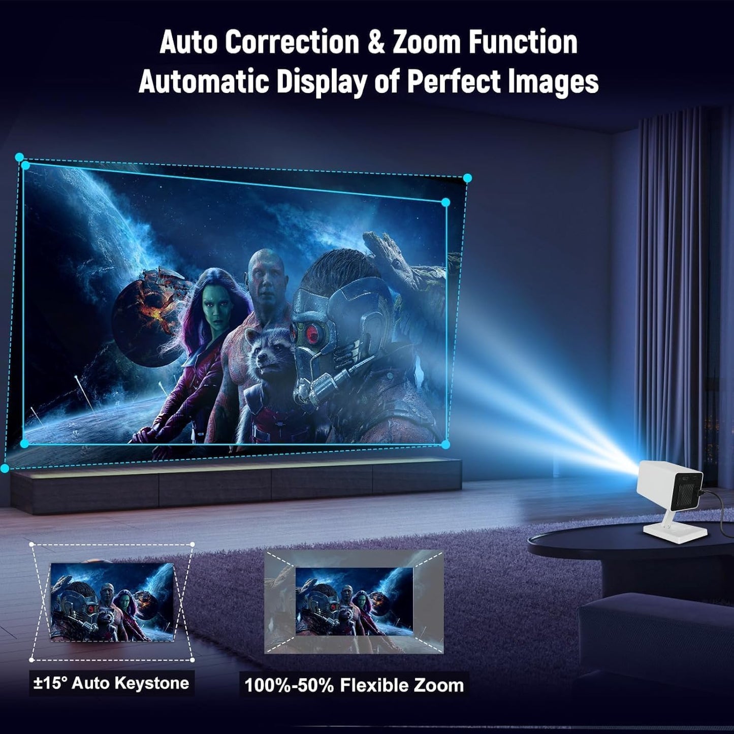 Pisodawn Mini Projector 4K Portable Video Projector with WiFi6 & Bluetooth 5.4, 150 ANSI Automatic Vertical Correction, 130'' Screen Home Cinema Smart Projector for Phone/PC/HDMI/USB/Laptop