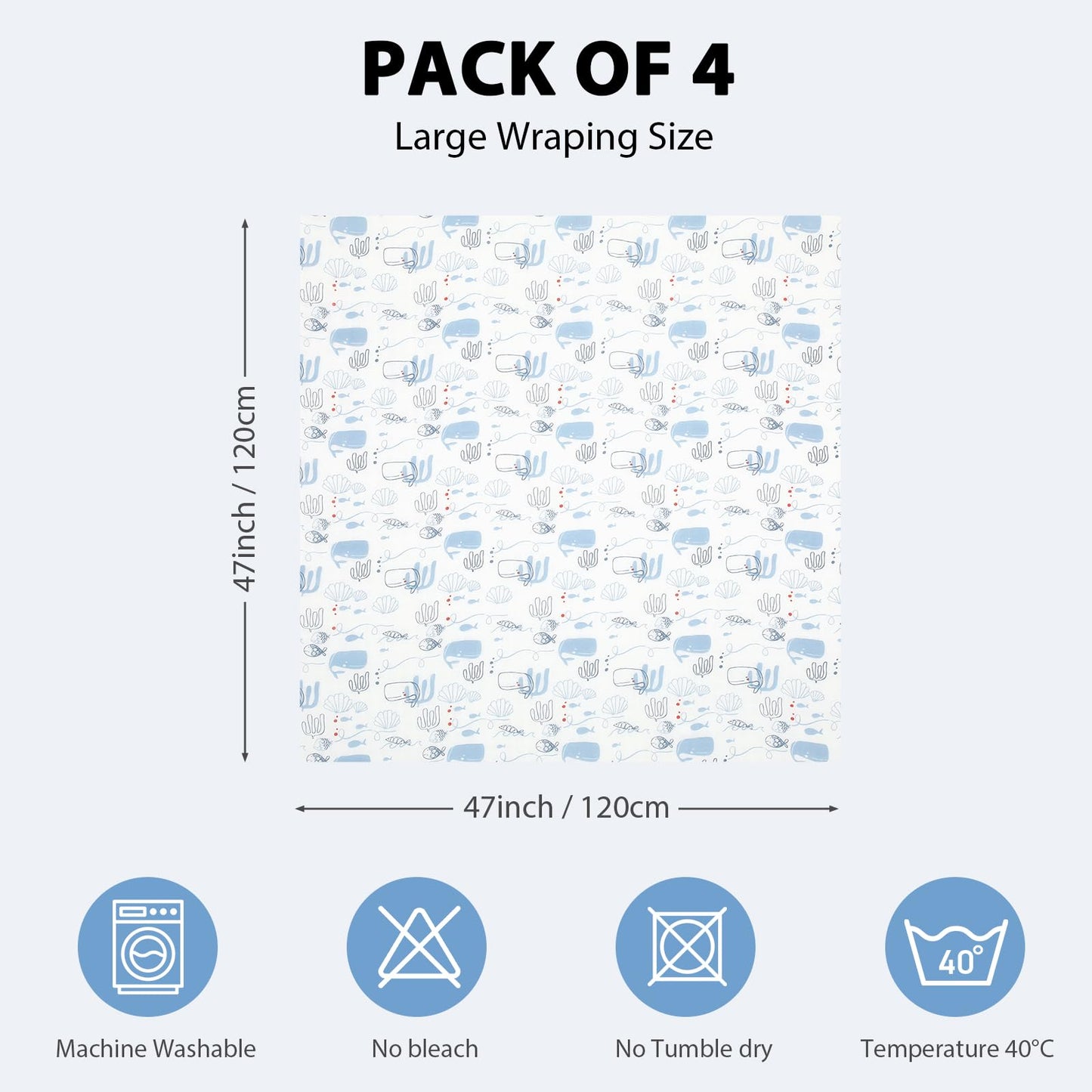 Yoofoss Muslin Swaddle Blankets, 4 Pack Receiving Blankets for Boys and Girls, 47 x 47 Inches Muslin Baby Blankets Soft Breathable - Ocean