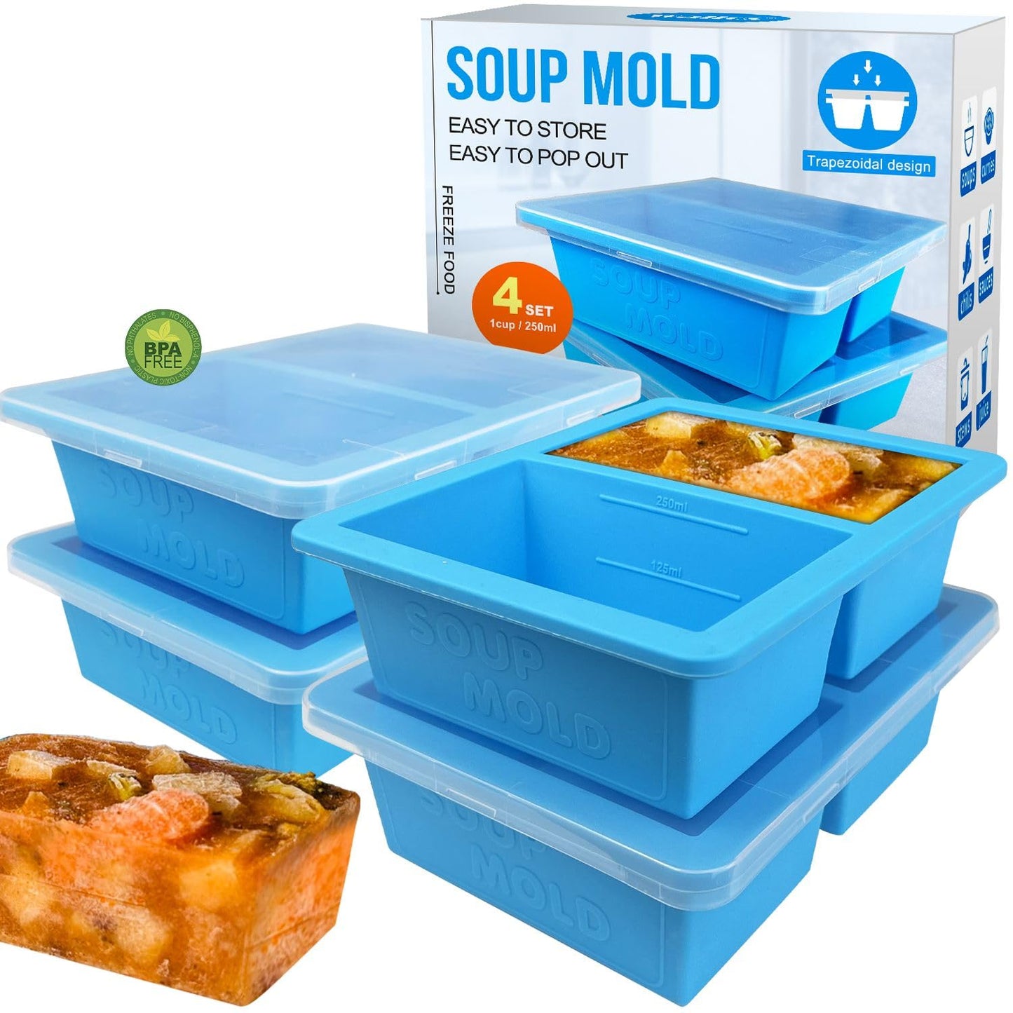 Walfos Silicone Soup Freezer Containers with Lid, Extra-Large 1-Cup Soup Freezer Tray for Soup, Silicone Soup Freezing Tray for Storing and Freezing Soup, Sauce, Broth & Ice, 4 Pieces