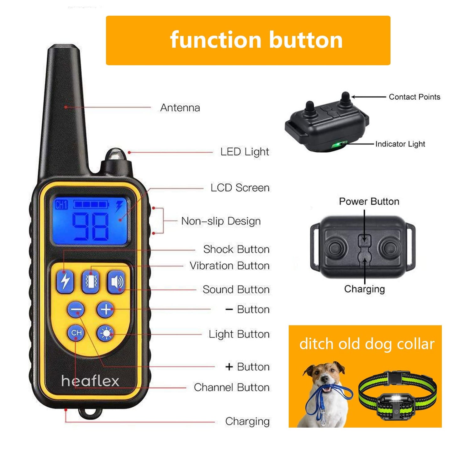 Heaflex Dog Training Electric Collar with Remote, Waterproof Rechargeable, 2600ft Dog Shock Collar with LED Light, Beep, Vibration, Shock for 3 Dogs