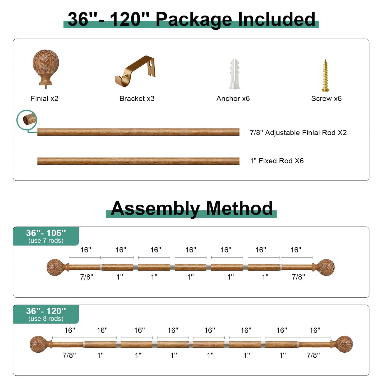 QDWIS Boho Natural Wood Curtain Rods for Windows 66 to 120 inch, 1" Adjustable Heavy Duty Window Curtain Rod with Imitation Wood Grain Finials,Rustic Decorative Drapery Rods Set,Size:36''-120''